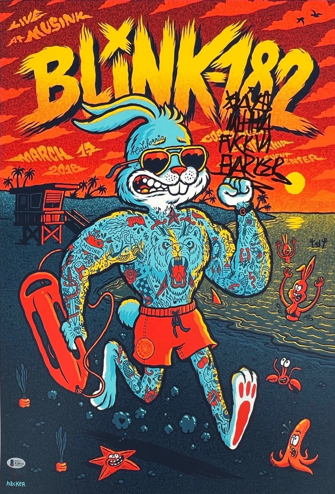 Travis Barker — Travis Barker Signed Blink 182 Concert Poster Musink *Hacker* #92/182 BAS, изображение 2