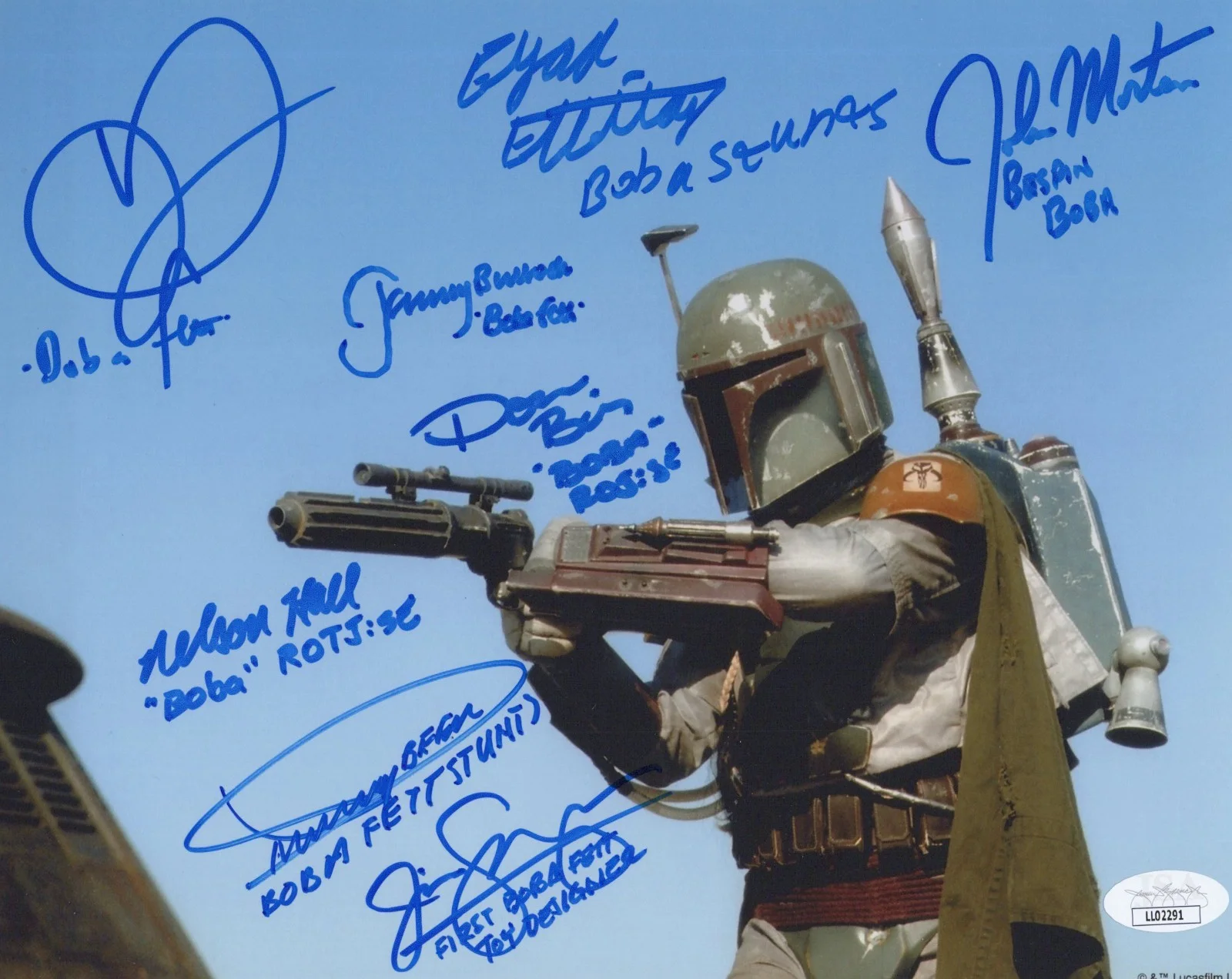 Beer, Bies, Bulloch, Elbitar, Hall, Logan, Morton & Swearingen — Star Wars- Boba Fett 8x10 photo signed by Jeremy Bulloch +7 other Fetts JSA COA