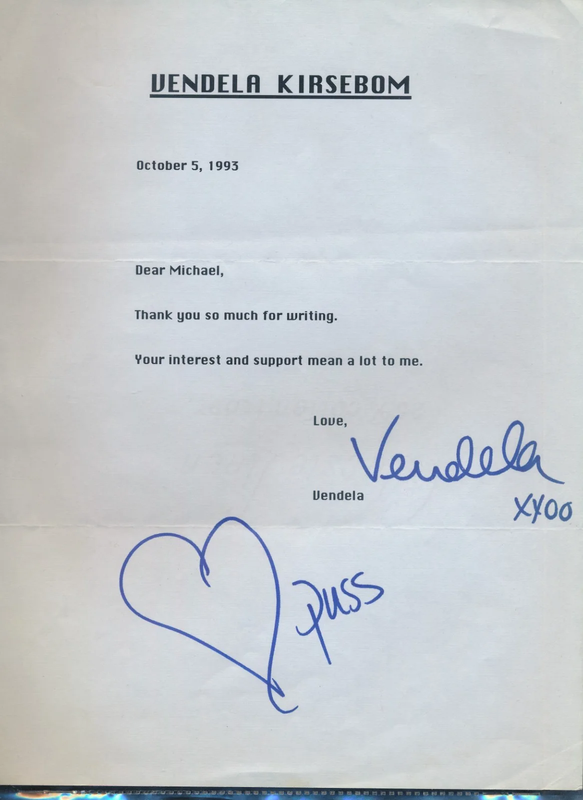 Vendela Kirsebom — Oct 1993 Vendela Kirsebom Signed autograph Letter w inscription bxos05, изображение 2