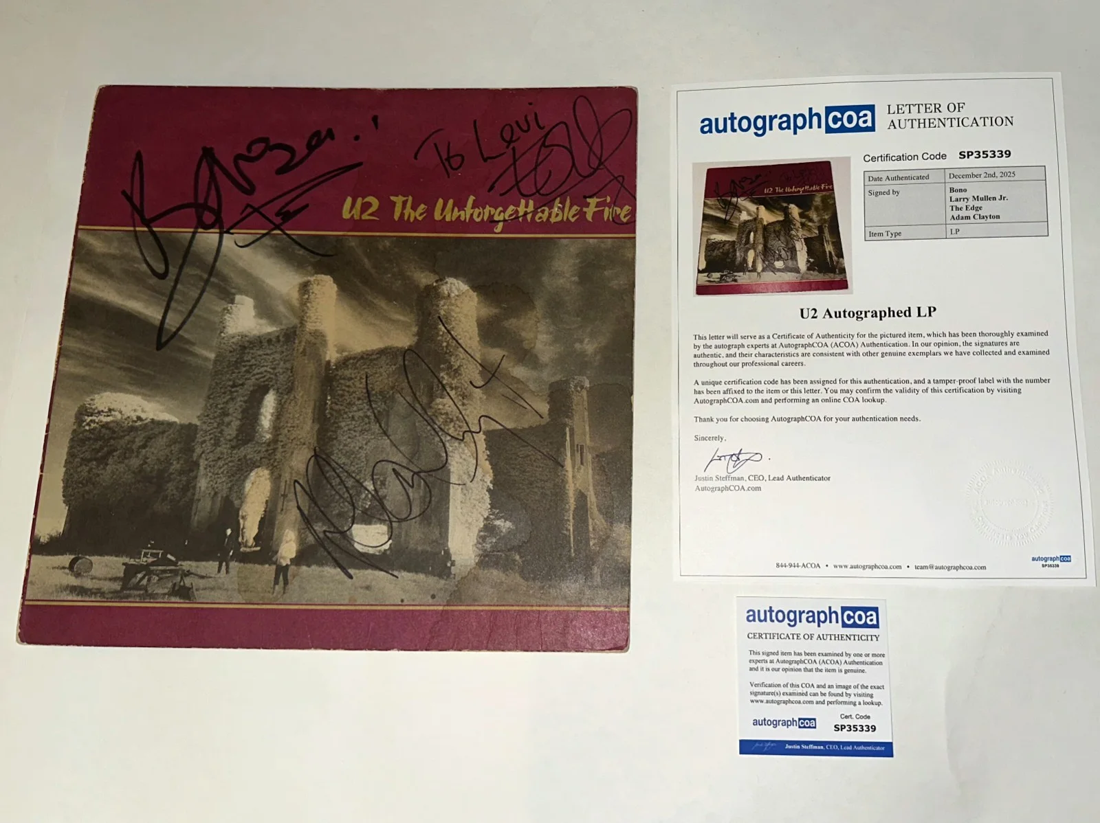 U2 Autograph Signed Bono, Larry, Edge, Adam The Unforgettable Fire RARE ACOA LOA, image 2