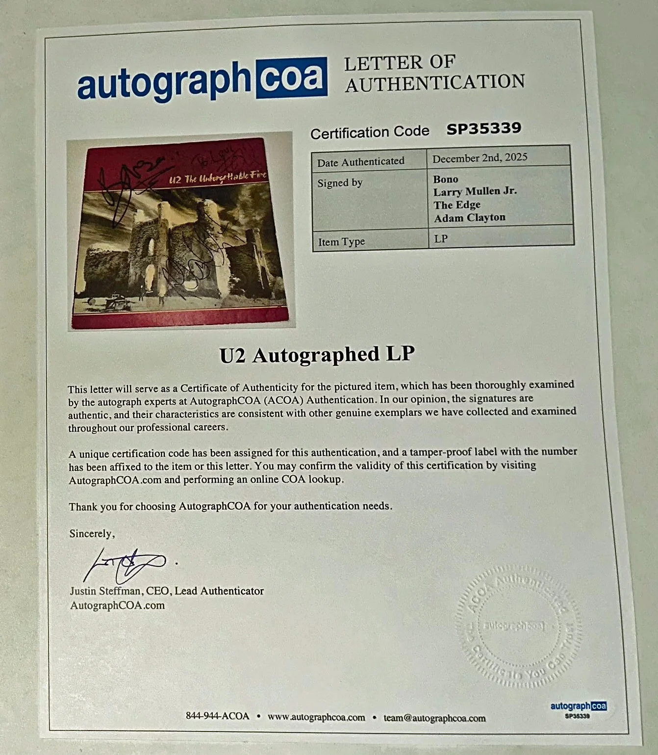 U2 Autograph Signed Bono, Larry, Edge, Adam The Unforgettable Fire RARE ACOA LOA, image 4