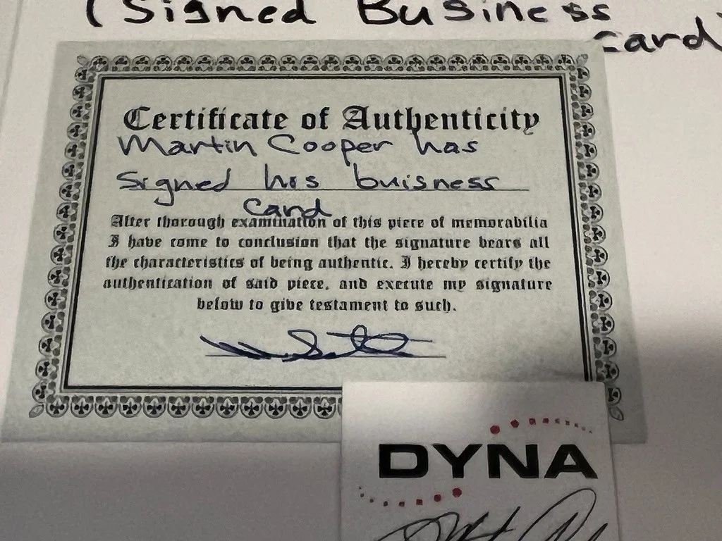 Martin Cooper Hand Signed Business Card Cell Phone Creator DYNA, image 3