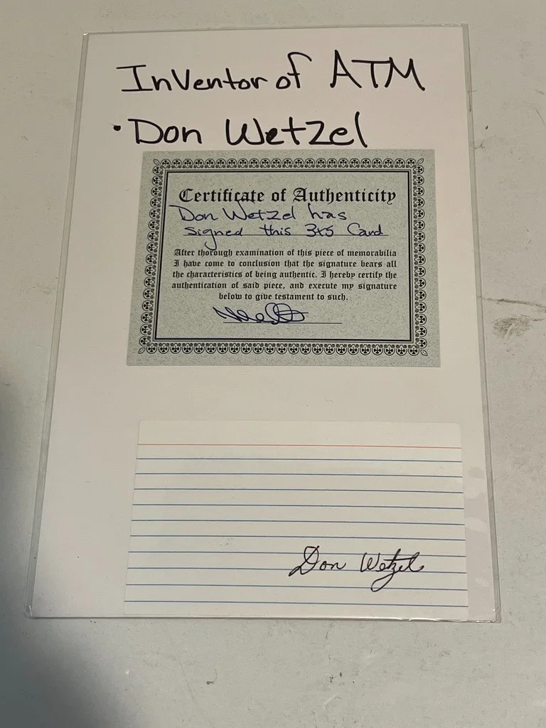 Don Wetzel Hand Signed Index Card Cut Inventor of ATM, изображение 2