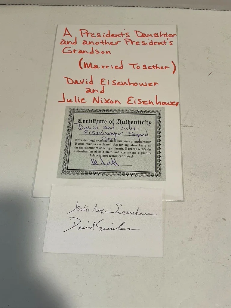 David Eisenhower & Julie Nixon Eisenhower Hand Signed Index Card Cut President, изображение 2