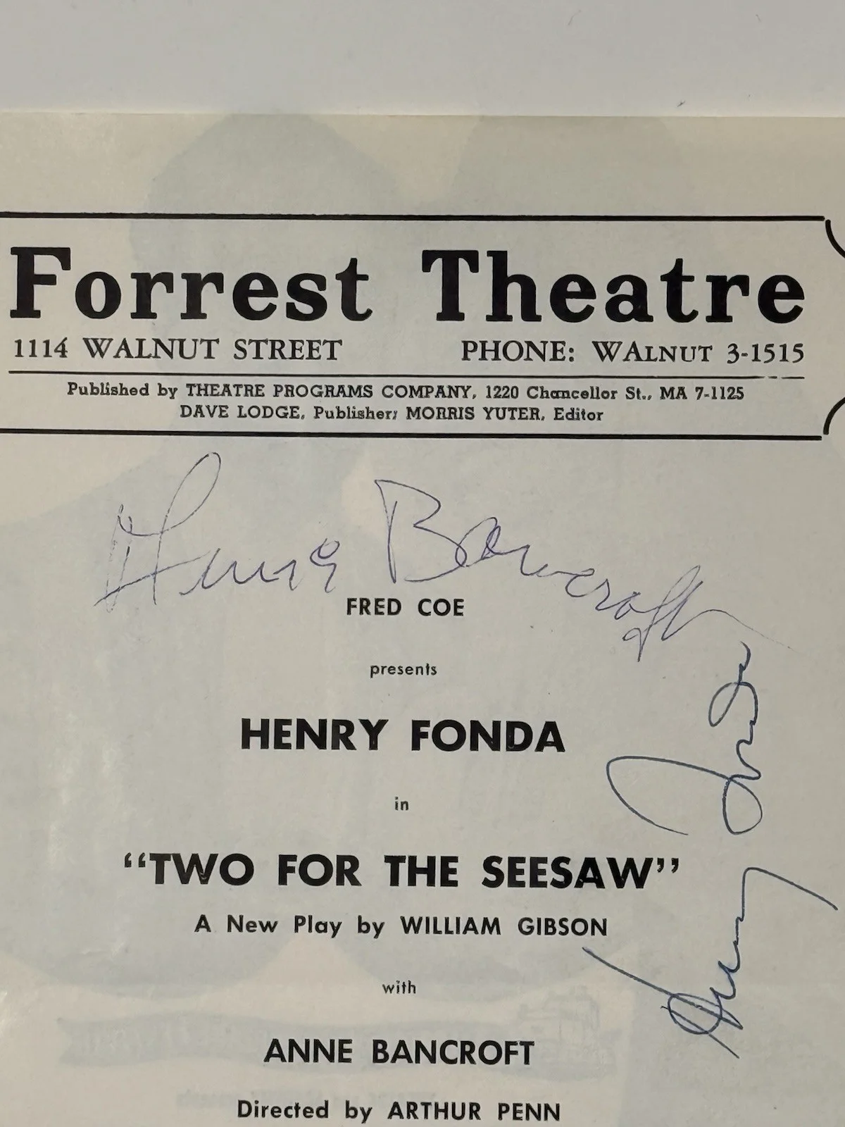Henry Fonda & Anne Bancroft Signed Playbill Title Ph Two for the Seesaw JSA COA, image 3