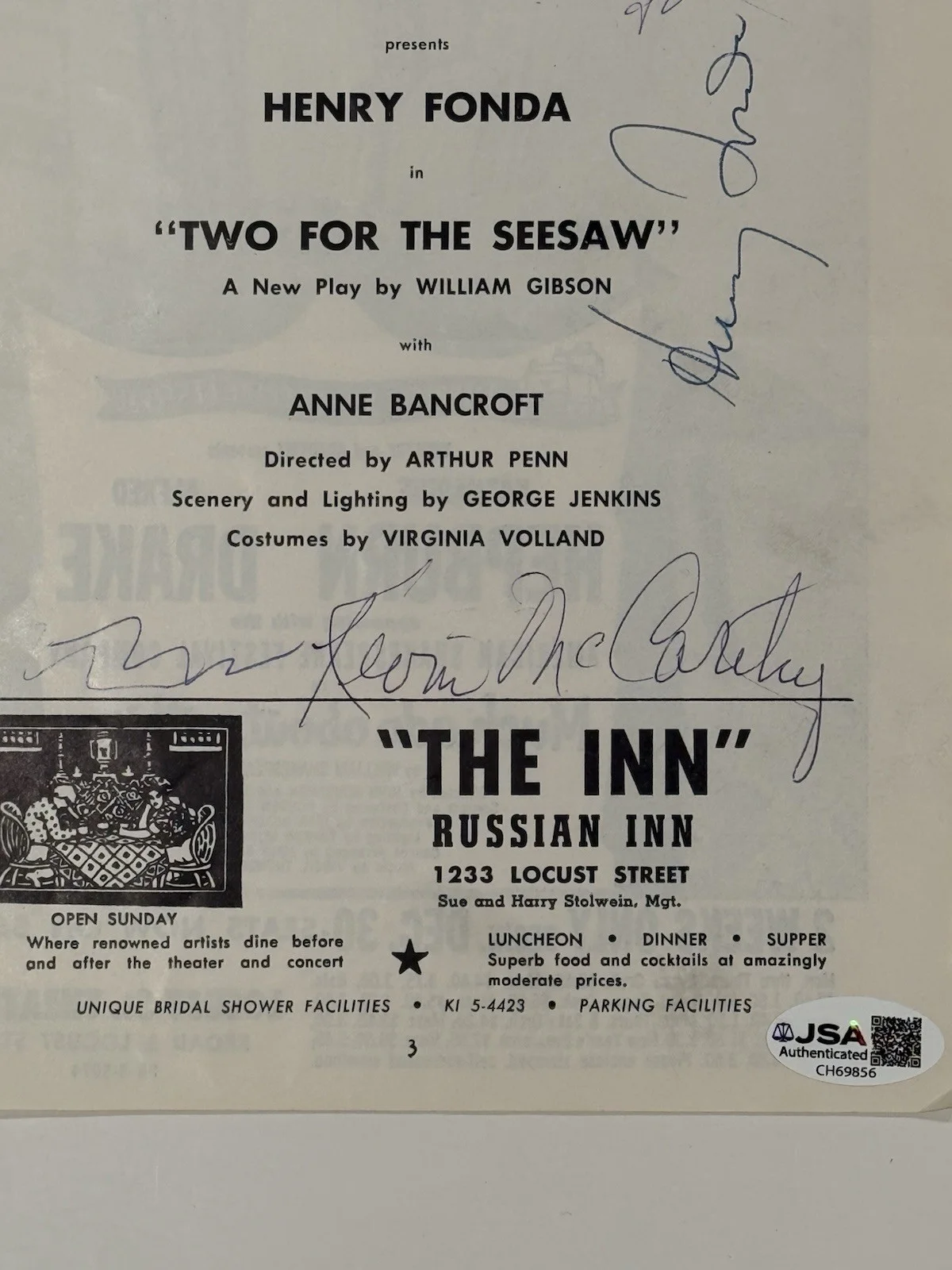 Henry Fonda & Anne Bancroft Signed Playbill Title Ph Two for the Seesaw JSA COA, image 4