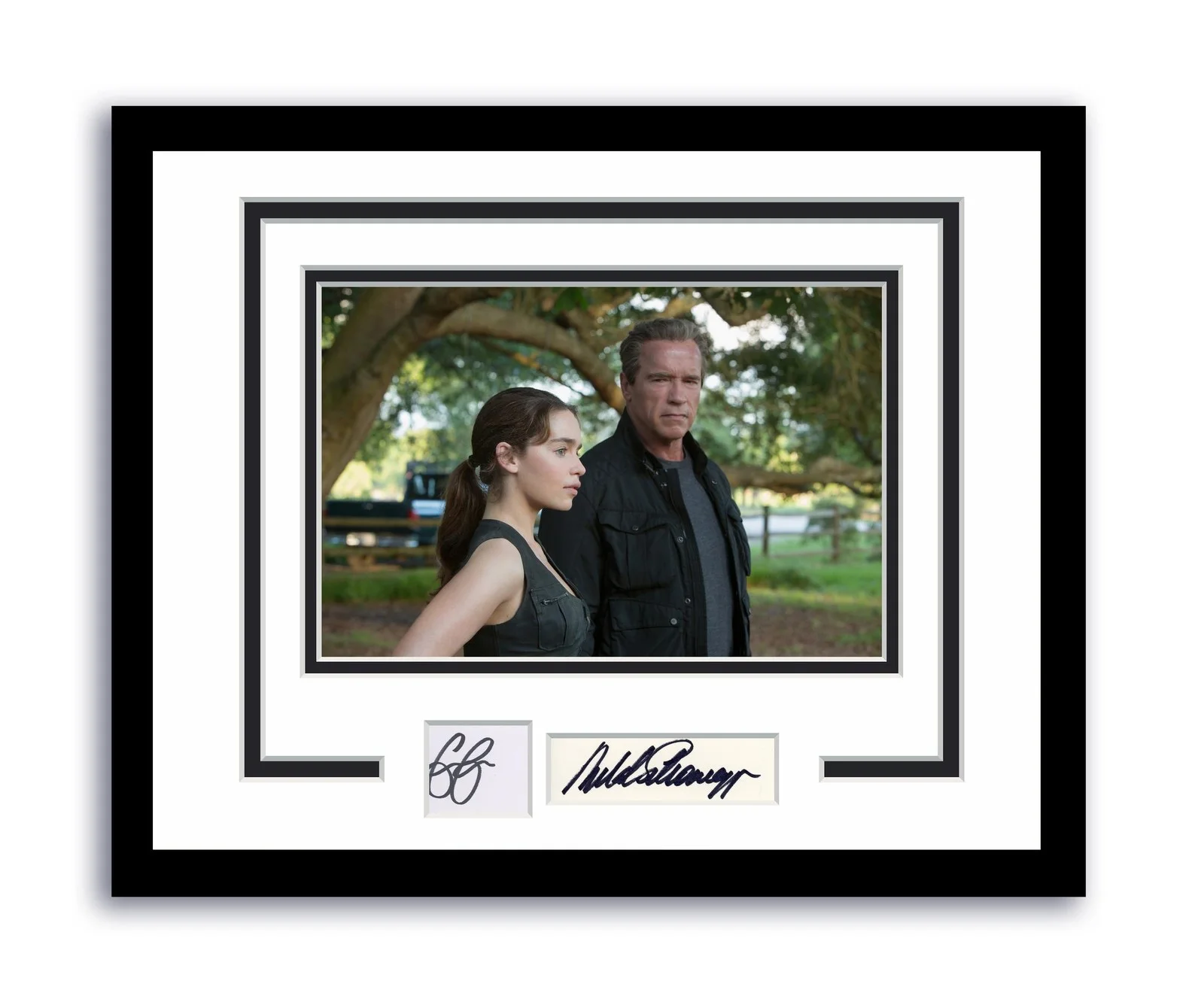 Arnold Schwarzenegger, Emilia Clarke — Terminator Genisys Emilia Clarke Arnold Schwarzenegger Signed Framed Photo ACOA