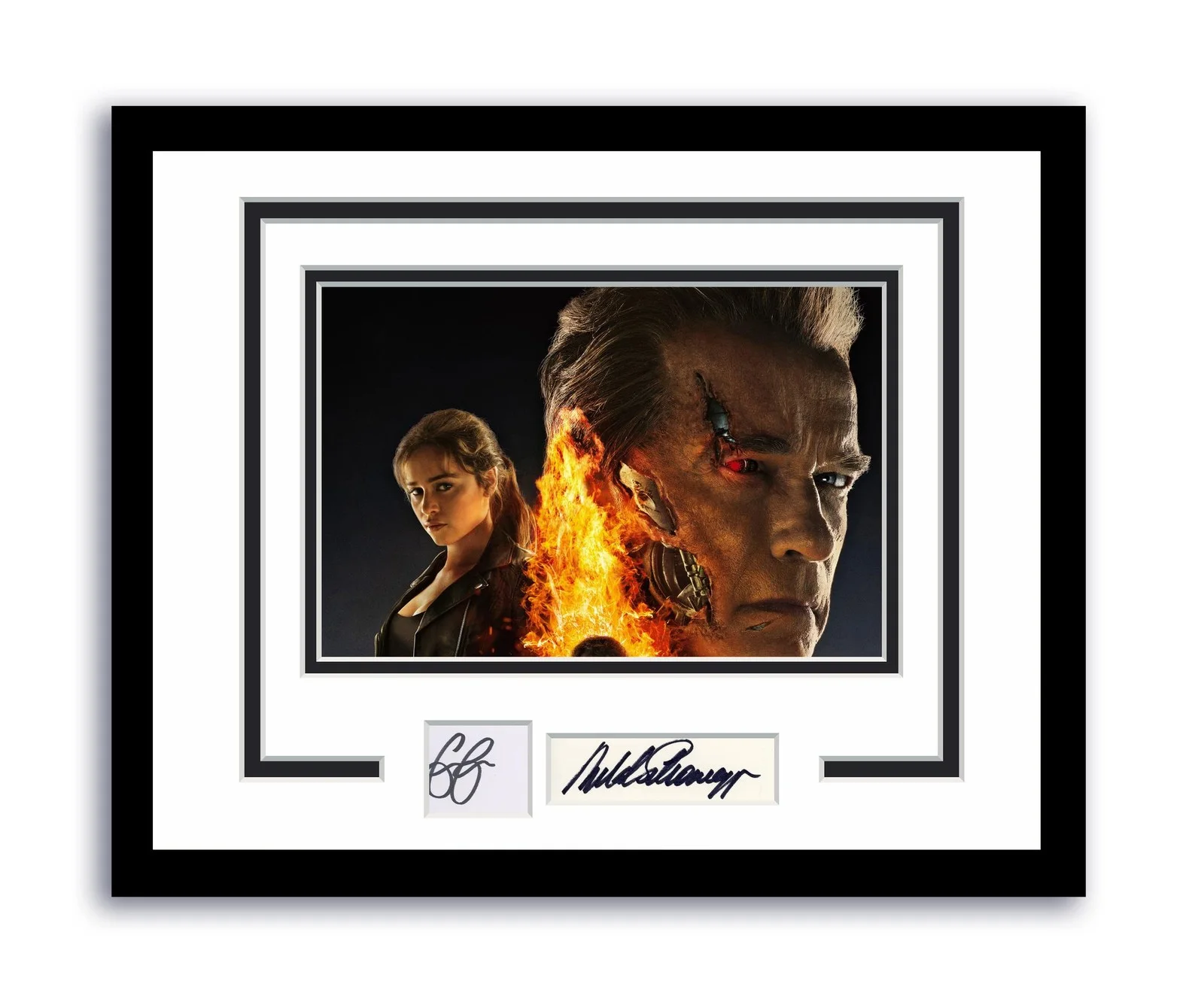 Arnold Schwarzenegger, Emilia Clarke — Terminator Genisys Emilia Clarke Arnold Schwarzenegger Signed Framed Photo ACOA