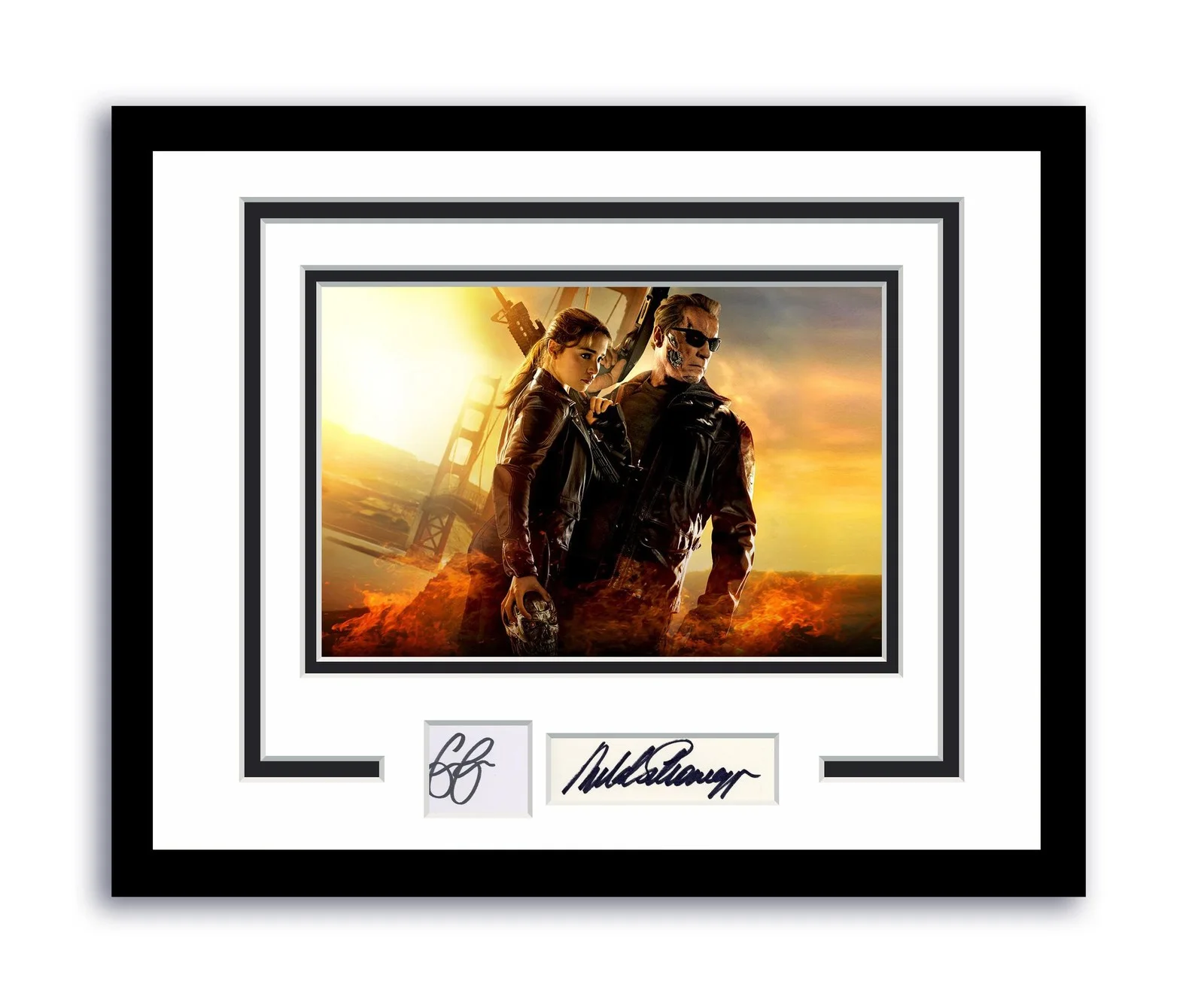 Arnold Schwarzenegger, Emilia Clarke — Terminator Genisys Emilia Clarke Arnold Schwarzenegger Signed Framed Photo ACOA