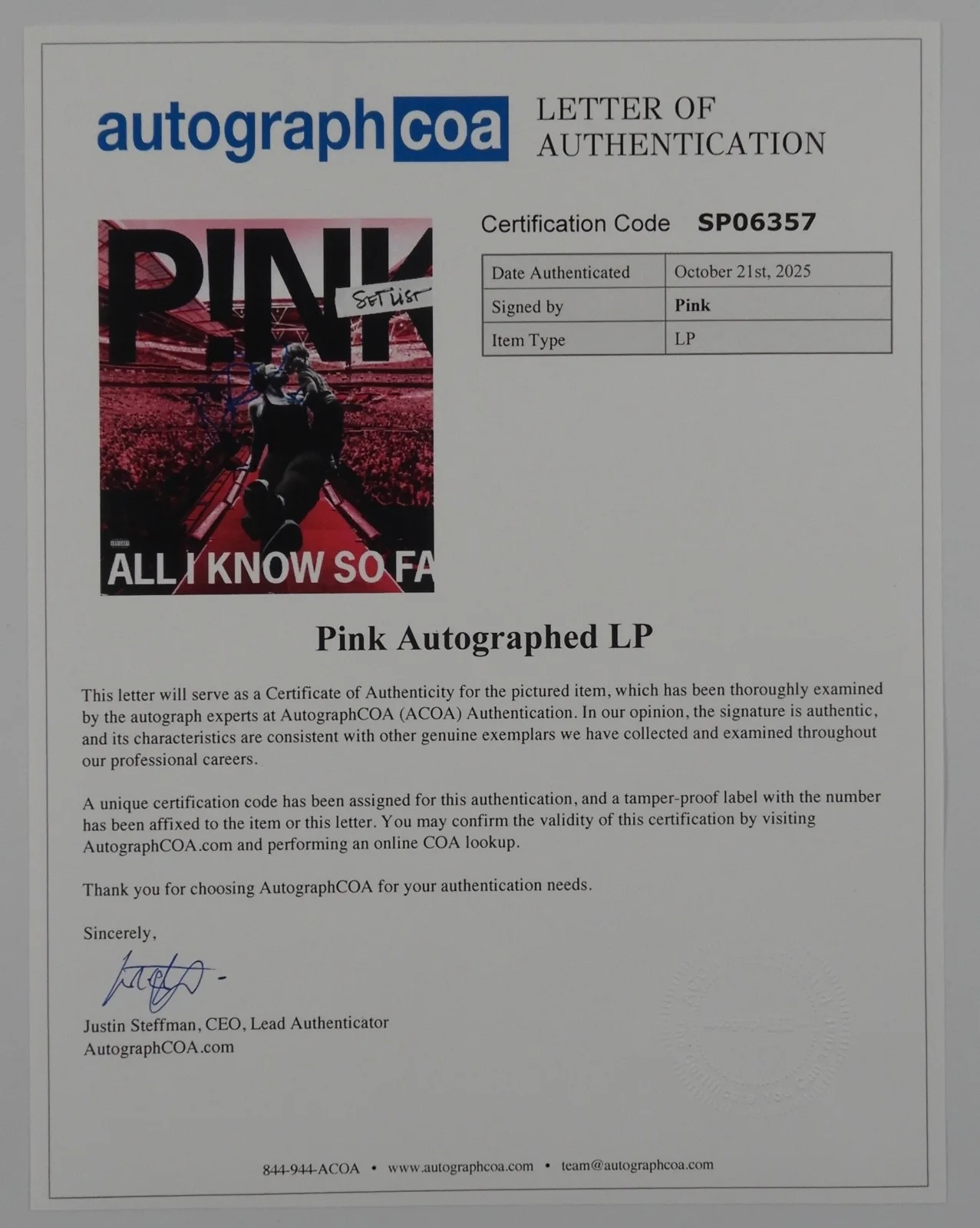 P!NK ACOA Signed Autograph Record Album Vinyl All I Know So Far PINK, image 4