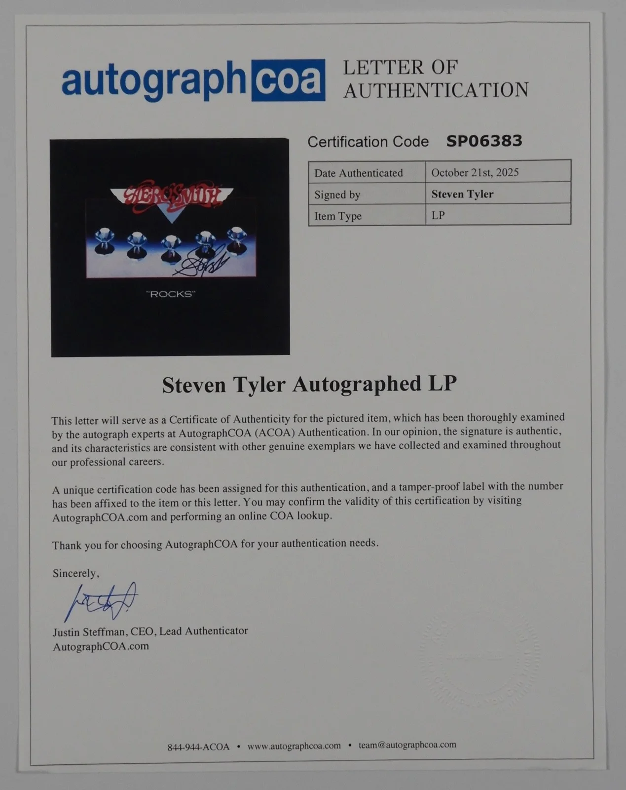 Steven Tyler Aerosmith ACOA Signed Autograph Album Record Cover Rocks, image 4