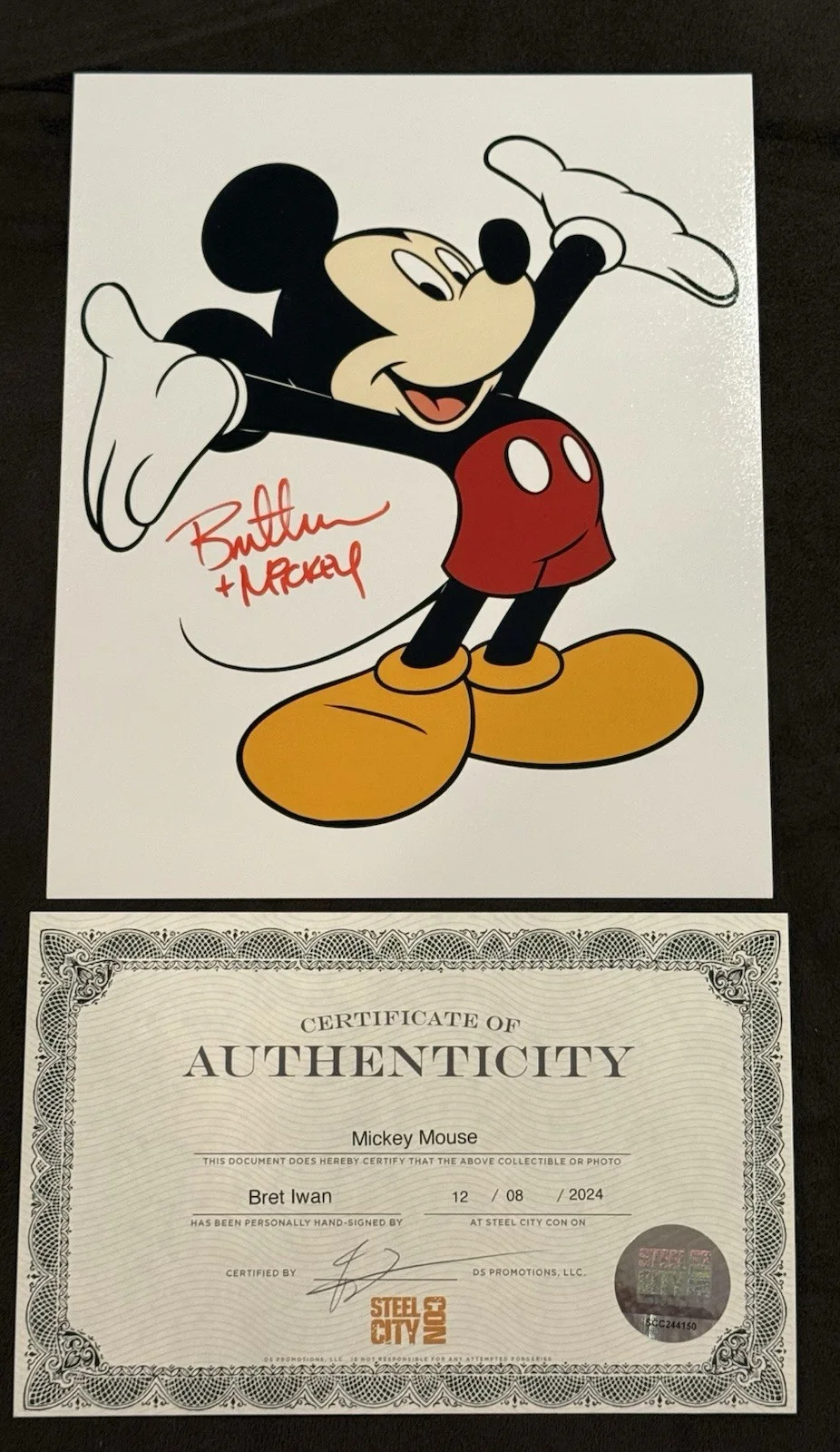Bret Iwan SIGNED 8x10 Disney The Mickey Mouse Voice Actor Steel City COA Auto, изображение 2