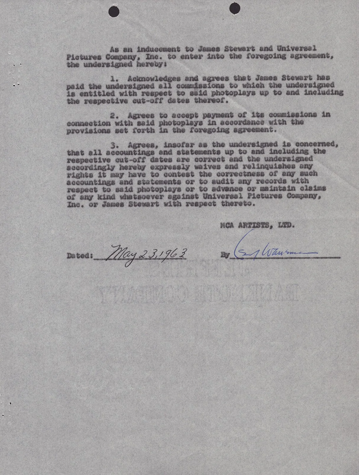 James Stewart — JAMES "JIMMY" STEWART - DOCUMENT SIGNED 05/23/1963, image 5