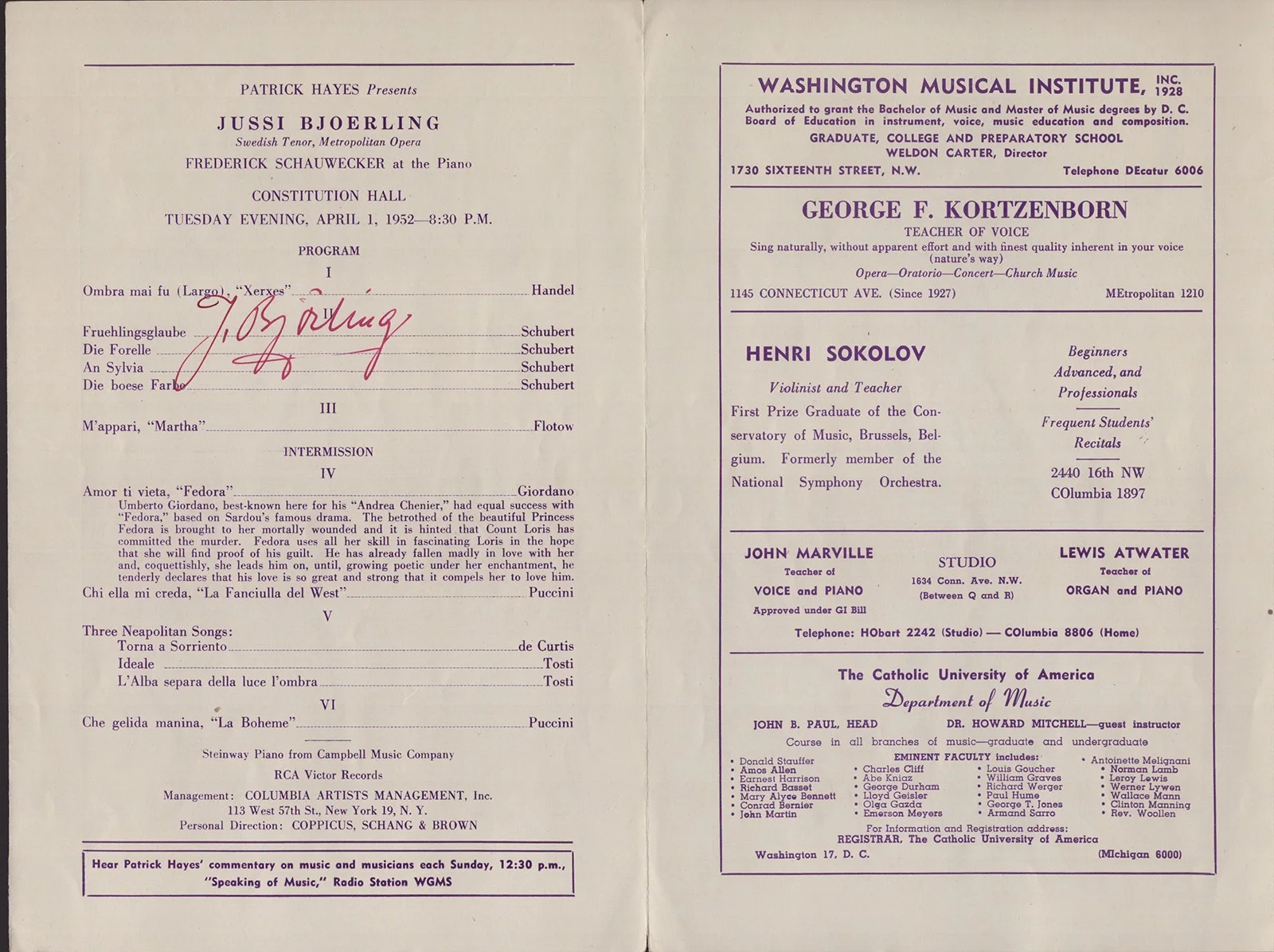 Jussi Bjorling — JUSSI BJORLING - PROGRAM SIGNED, image 2