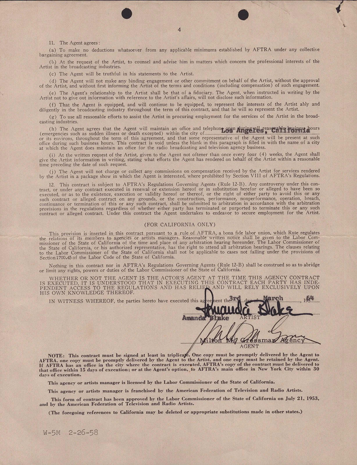 Amanda Blake, Milton M. Grossman — AMANDA "MISS KITTY" BLAKE - CONTRACT SIGNED 03/03/1964 WITH CO-SIGNERS, изображение 4
