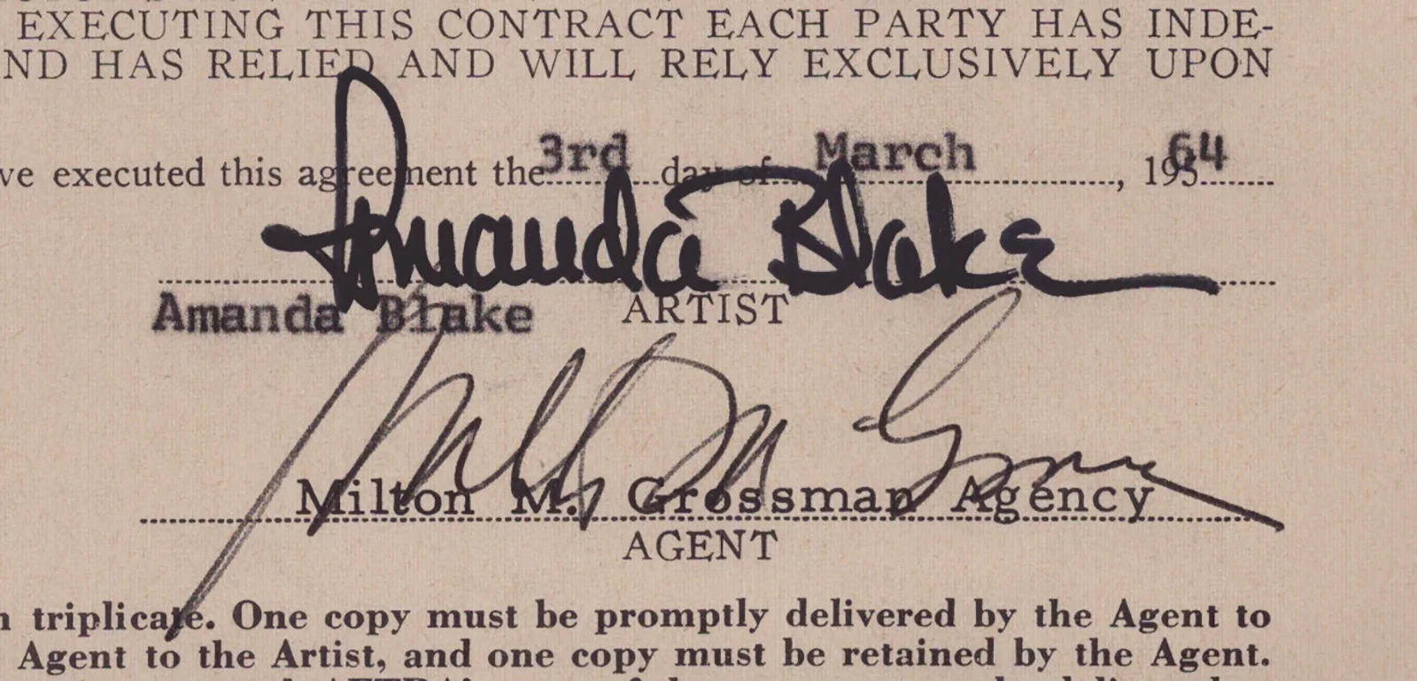 Amanda Blake, Milton M. Grossman — AMANDA "MISS KITTY" BLAKE - CONTRACT SIGNED 03/03/1964 WITH CO-SIGNERS, изображение 5