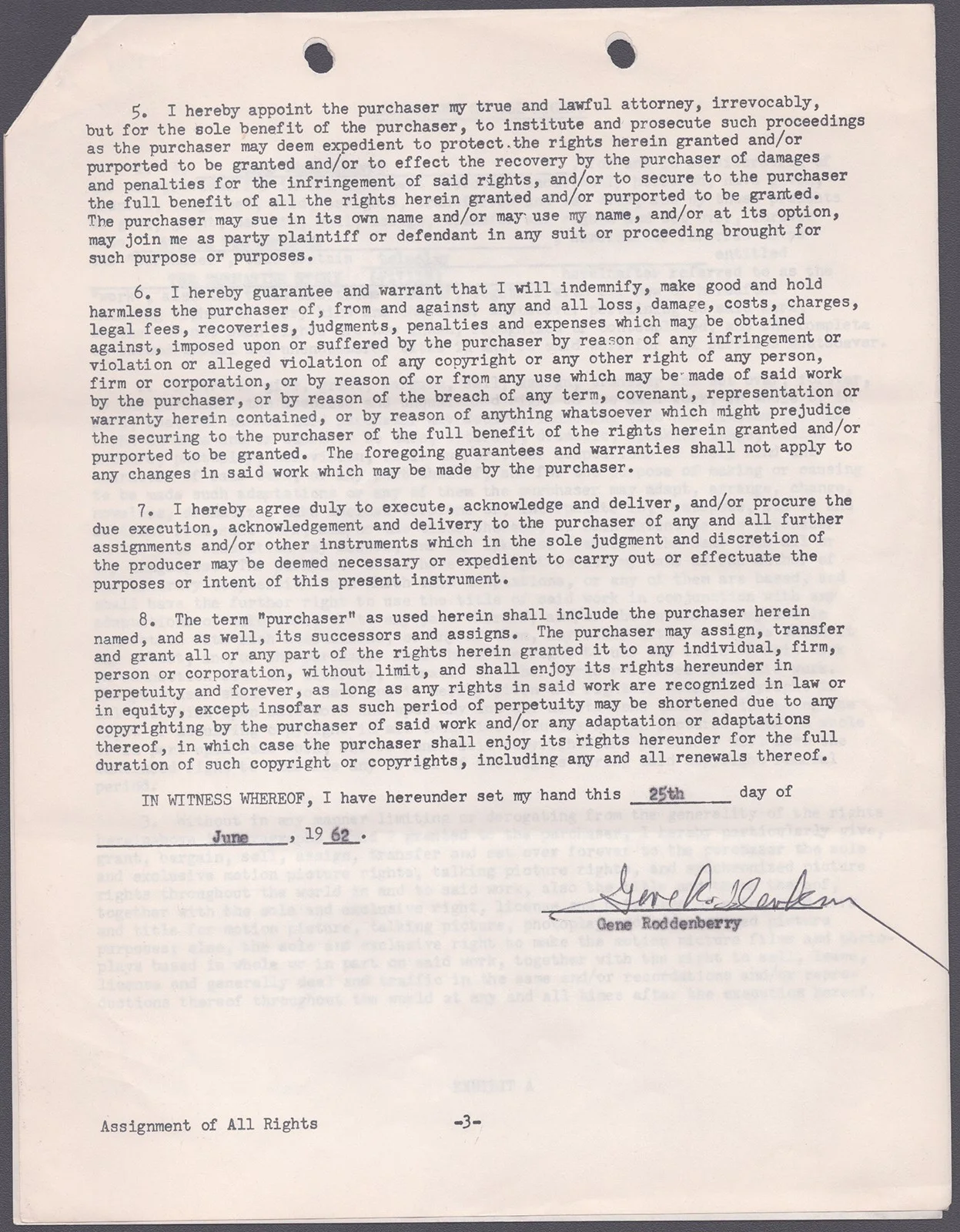 Gene Roddenberry — GENE RODDENBERRY - CONTRACT SIGNED 06/25/1962, image 3