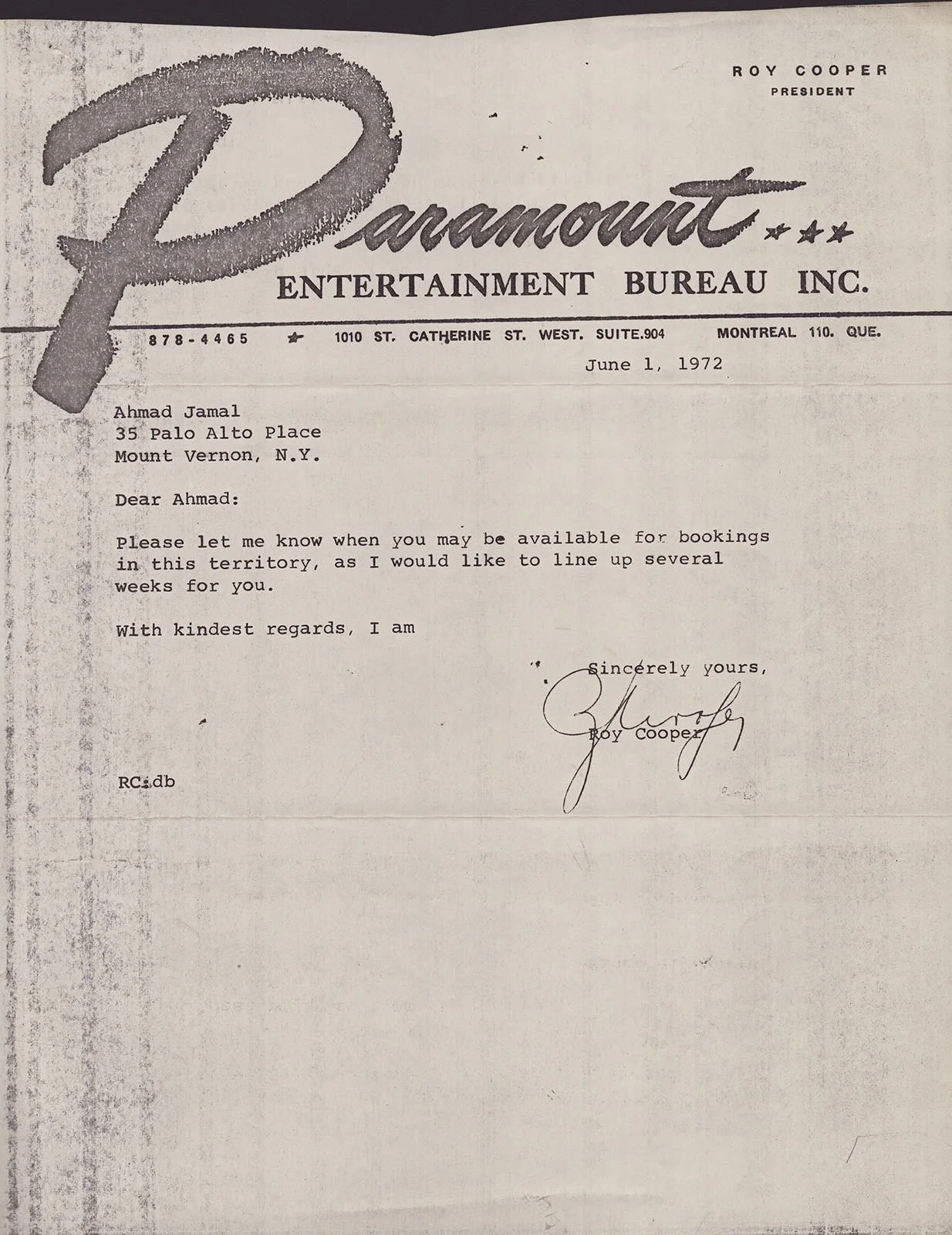 Ahmad Jamal — AHMAD JAMAL - TYPED LETTER SIGNED 06/06/1972, image 3