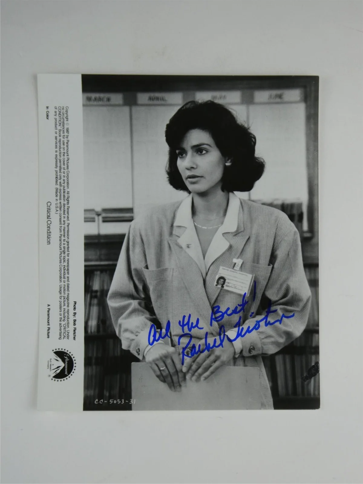 Rachel Ticotin — Rachel Ticotin Signed B&W 8x10 Promo Photo Critical Condition Autographed, image 2