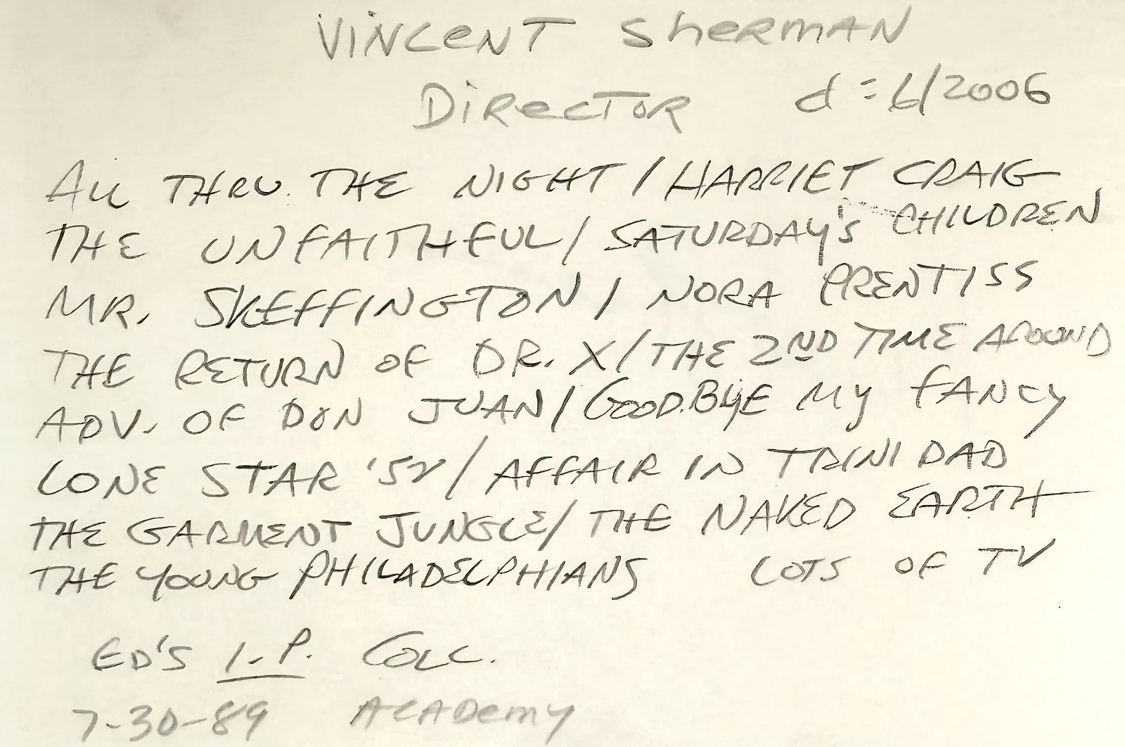 Vincent Sherman — VINCENT SHERMAN Signed Autograph 4 x 6 INDEX CARD All Through the Night BACKFIRE, image 3
