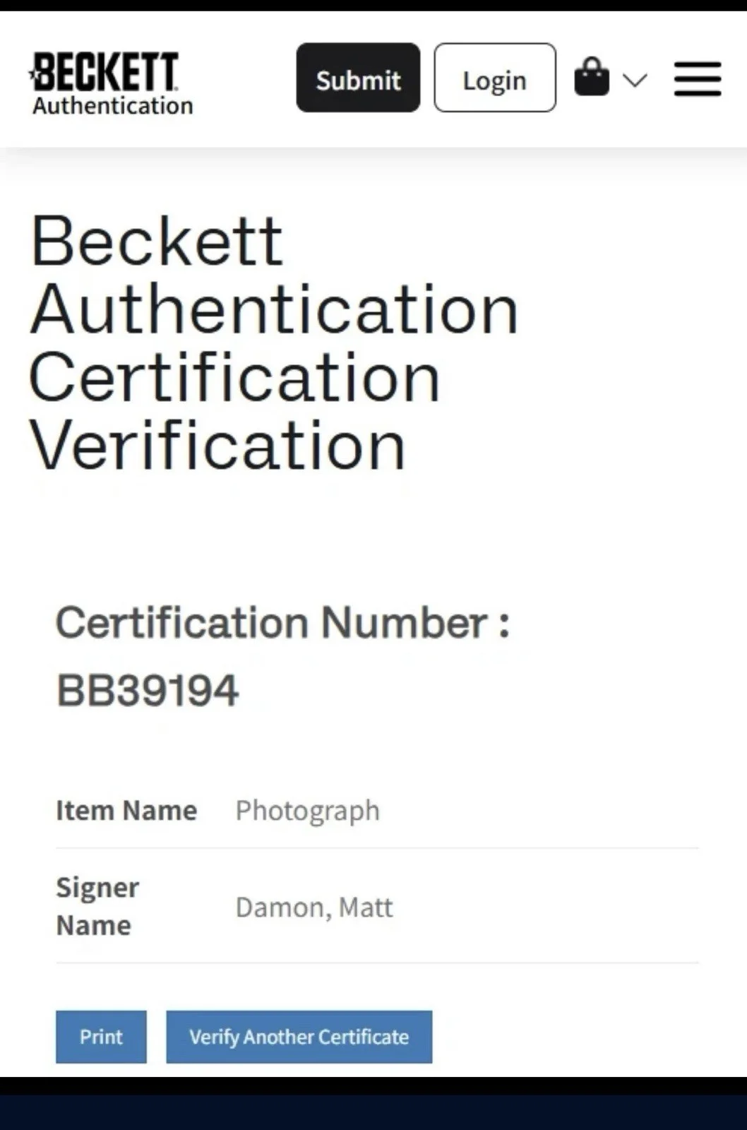 BAS COA MATT DAMON SIGNED 8x10 PHOTO, image 2