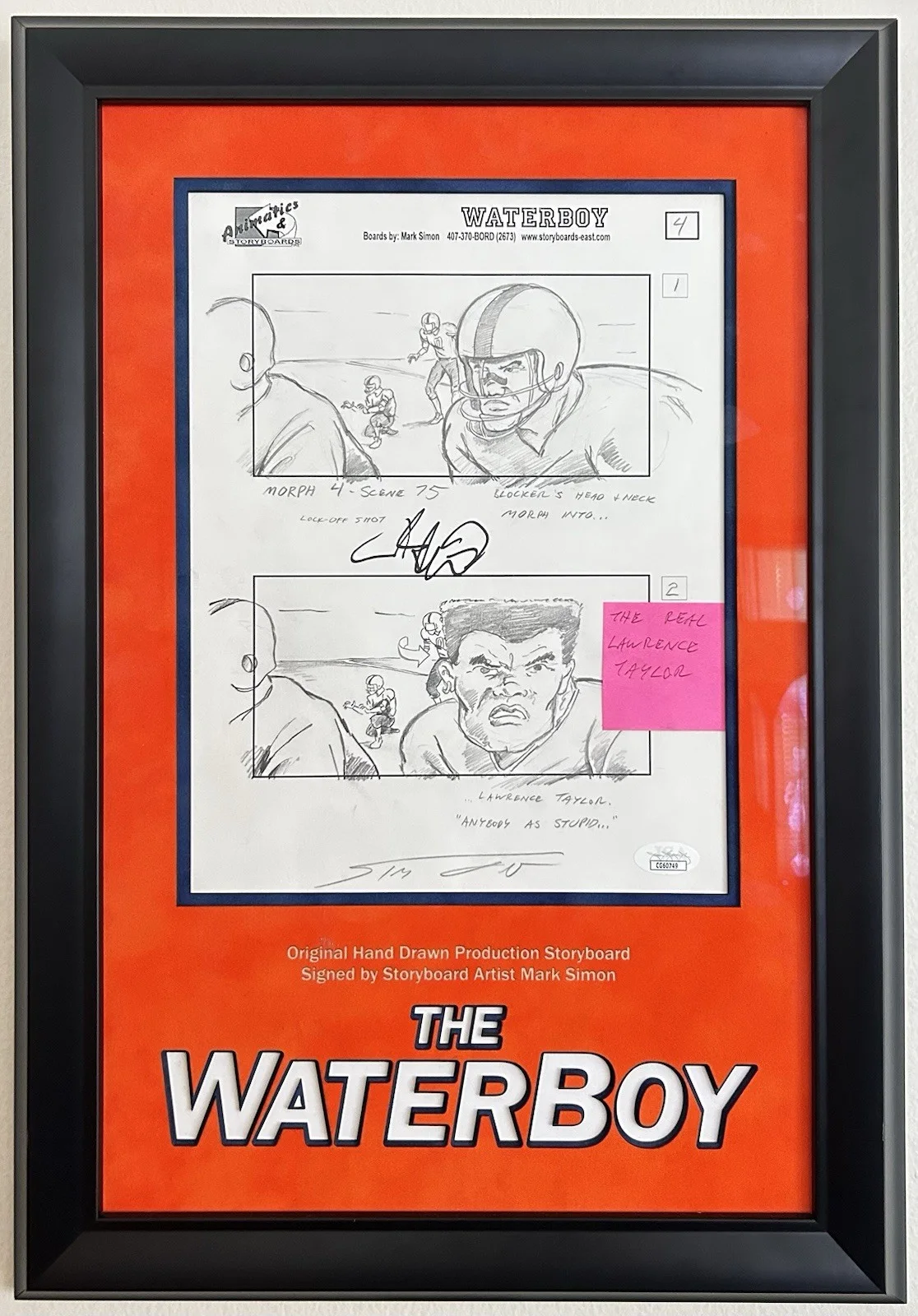 Adam Sandler & Mark Simon — Adam Sandler Signed Waterboy Original Hand Drawn Storyboard Mark Simon JSA COA