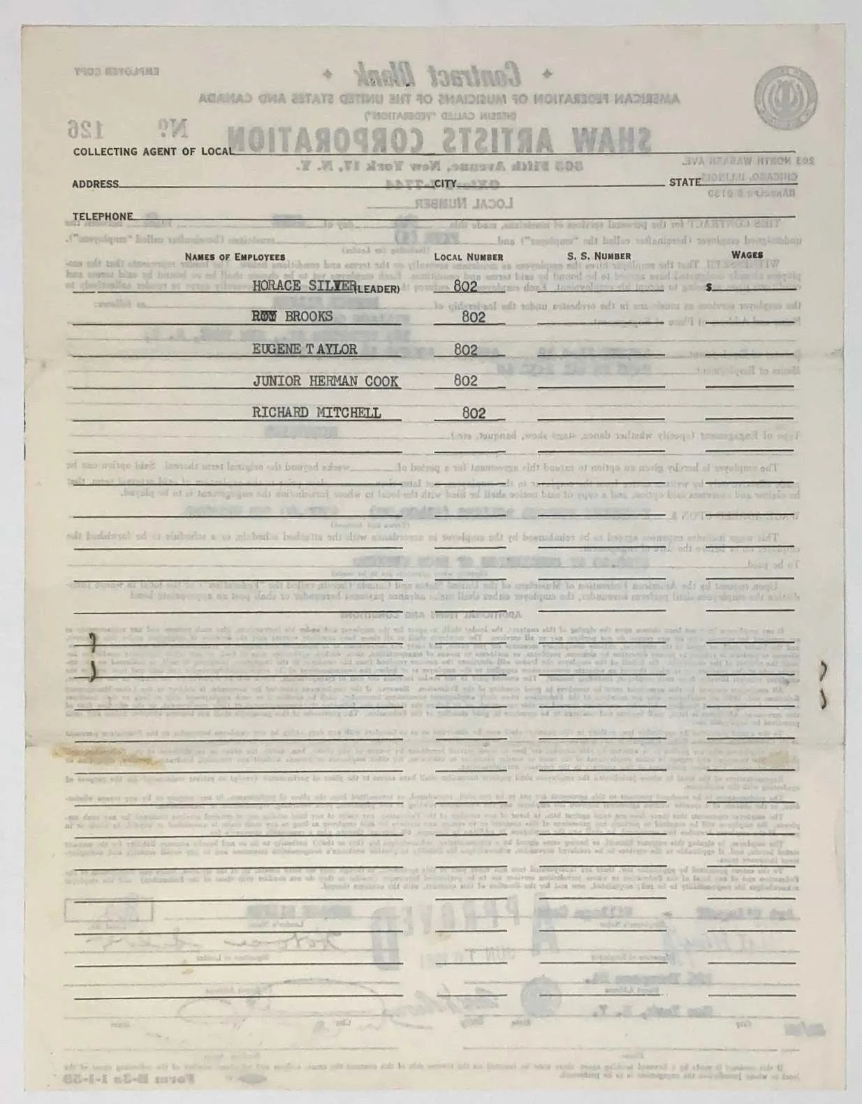 HORACE SILVER 1961 Signed NYC Contract / CHARLIE WATTS Collection ROLLING STONES, image 2