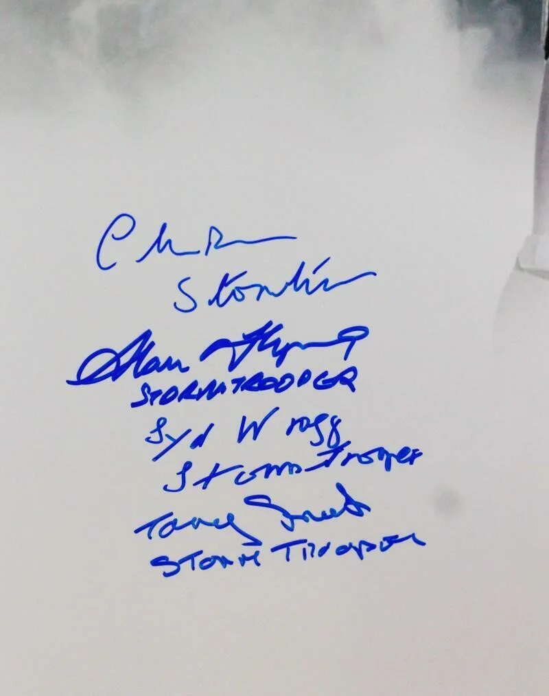 Alan Flyng, Joe Gibson, Syd Wragg, Tony Smart, Chris Bunn, Quenti — Multi-Autographed Double Image Stormtrooper 16x20 Photo w/ Insc - JSA Auth *Blue, image 2