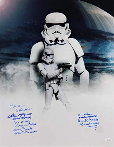 Alan Flyng, Joe Gibson, Syd Wragg, Tony Smart, Chris Bunn, Quenti — Multi-Autographed Double Image Stormtrooper 16x20 Photo w/ Insc - JSA Auth *Blue, image 4