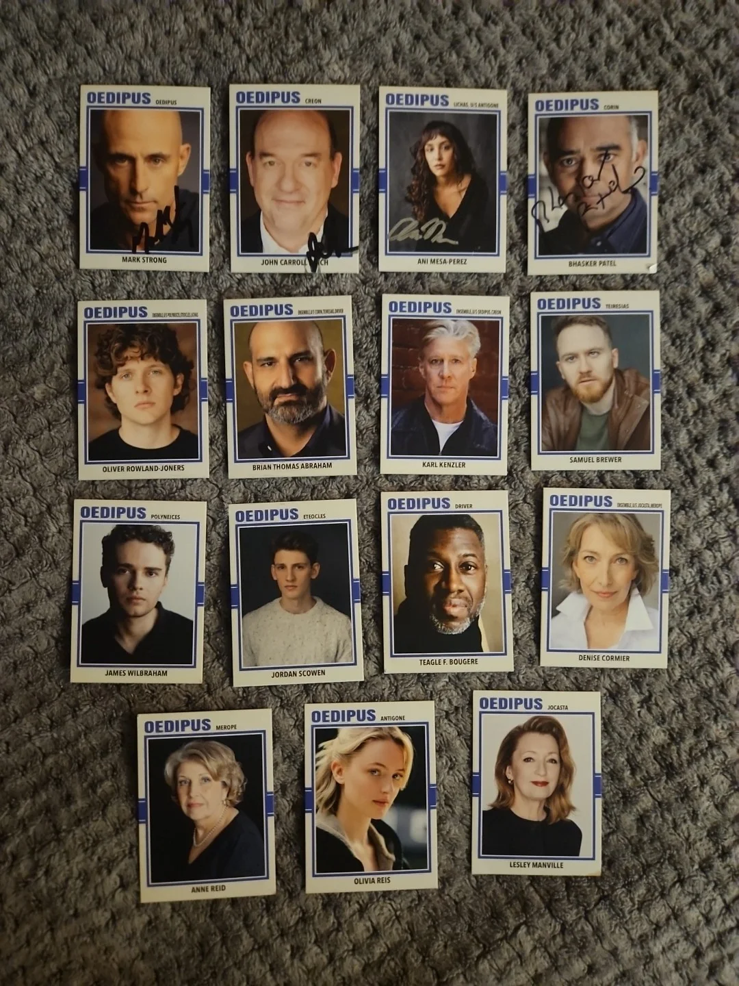 Mark Strong, cast — Oedipus Cast Signed Custom Cards - 4 Signatures - Mark Strong - Broadway