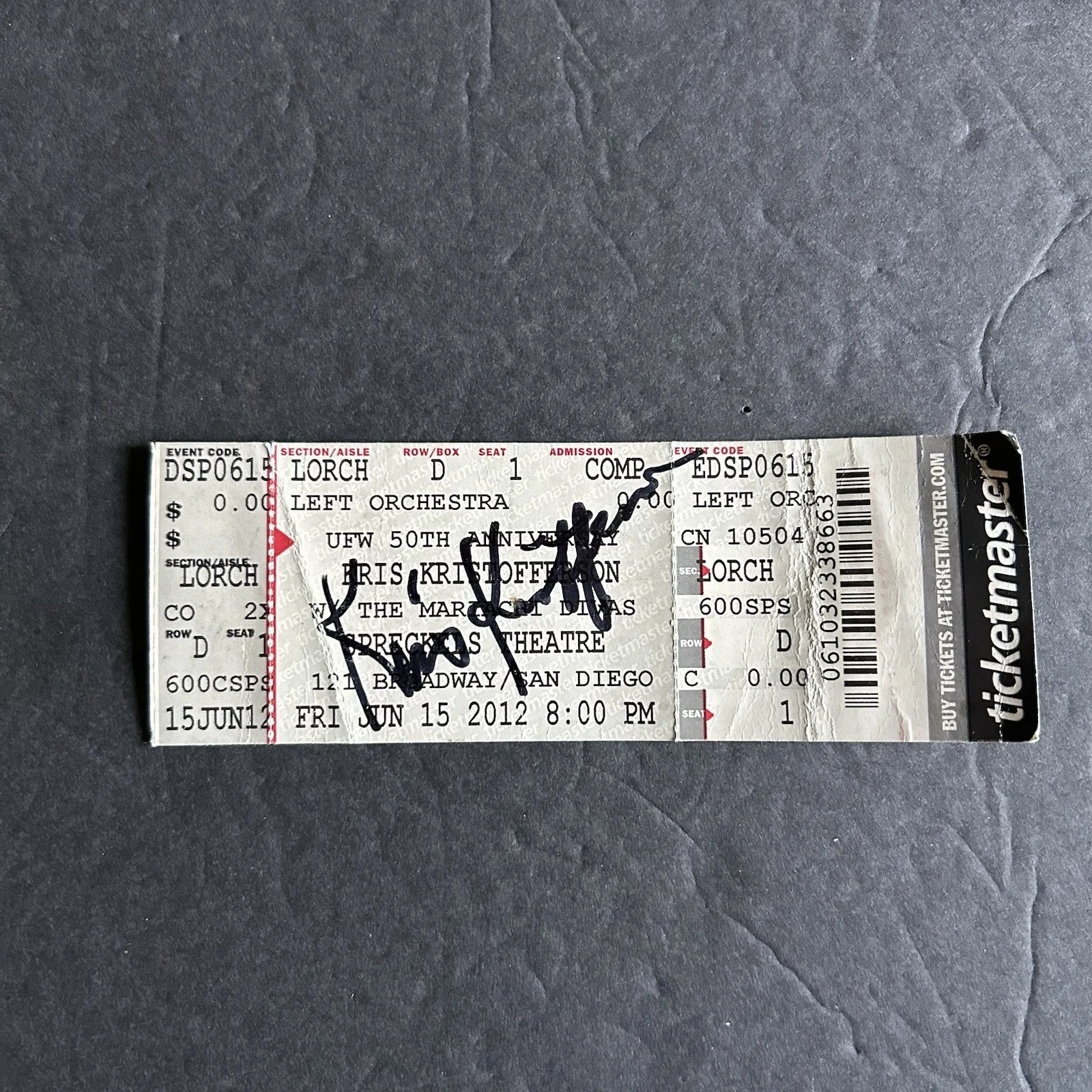 Kris Kristofferson Autograph Signed Ticket Stub Speckles San Diego Jun 15 2012, изображение 2