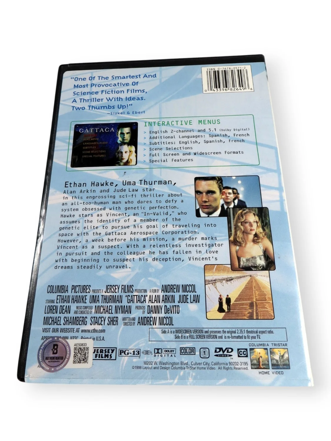 Jude Law, Uma Thurman, Ethan Hawke — Gattaca Multi Signed Autographed DVD Cover Law Uma Thurman Hawke BAS AE50833