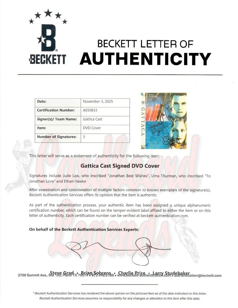 Jude Law, Uma Thurman, Ethan Hawke — Gattaca Multi Signed Autographed DVD Cover Law Uma Thurman Hawke BAS AE50833, image 3