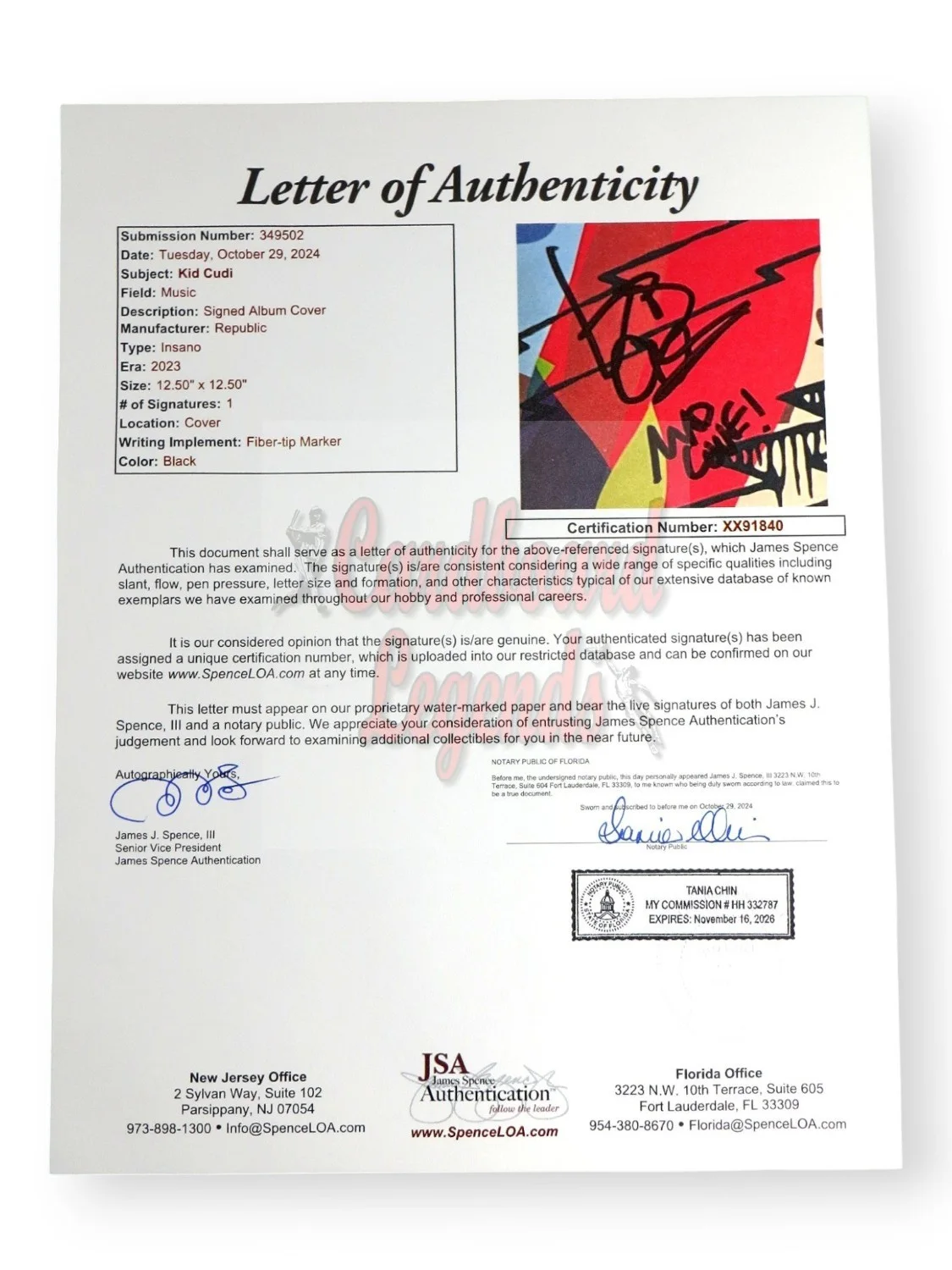 Kid Cudi Signed Autographed Record Album Cover Insano "Mad Love" JSA XX91840, изображение 3