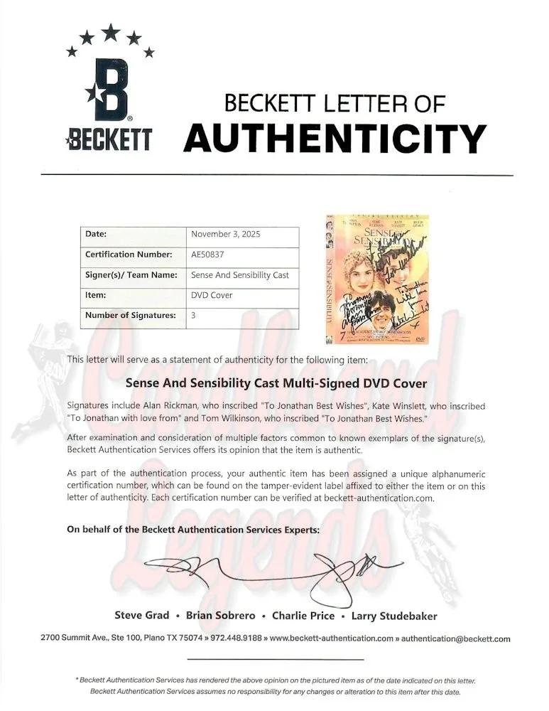 Kate Winslett, Alan Rickman, Tom Wilkinson — Sense and Sensibility Signed Autograph DVD Cover Winslett Rickman +1 BAS AE50837, изображение 4