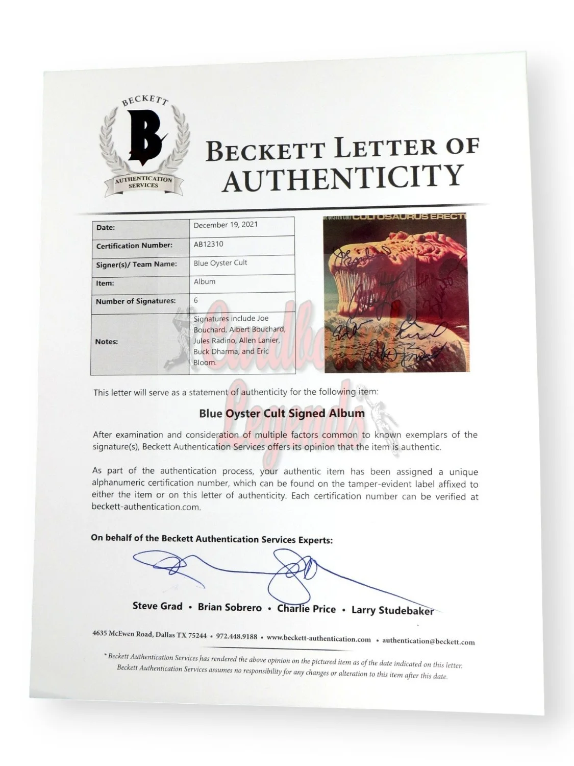 Blue Oyster Cult Band Autographed Album Cover Bloom Bouchard Dharma BAS AB12310, изображение 3