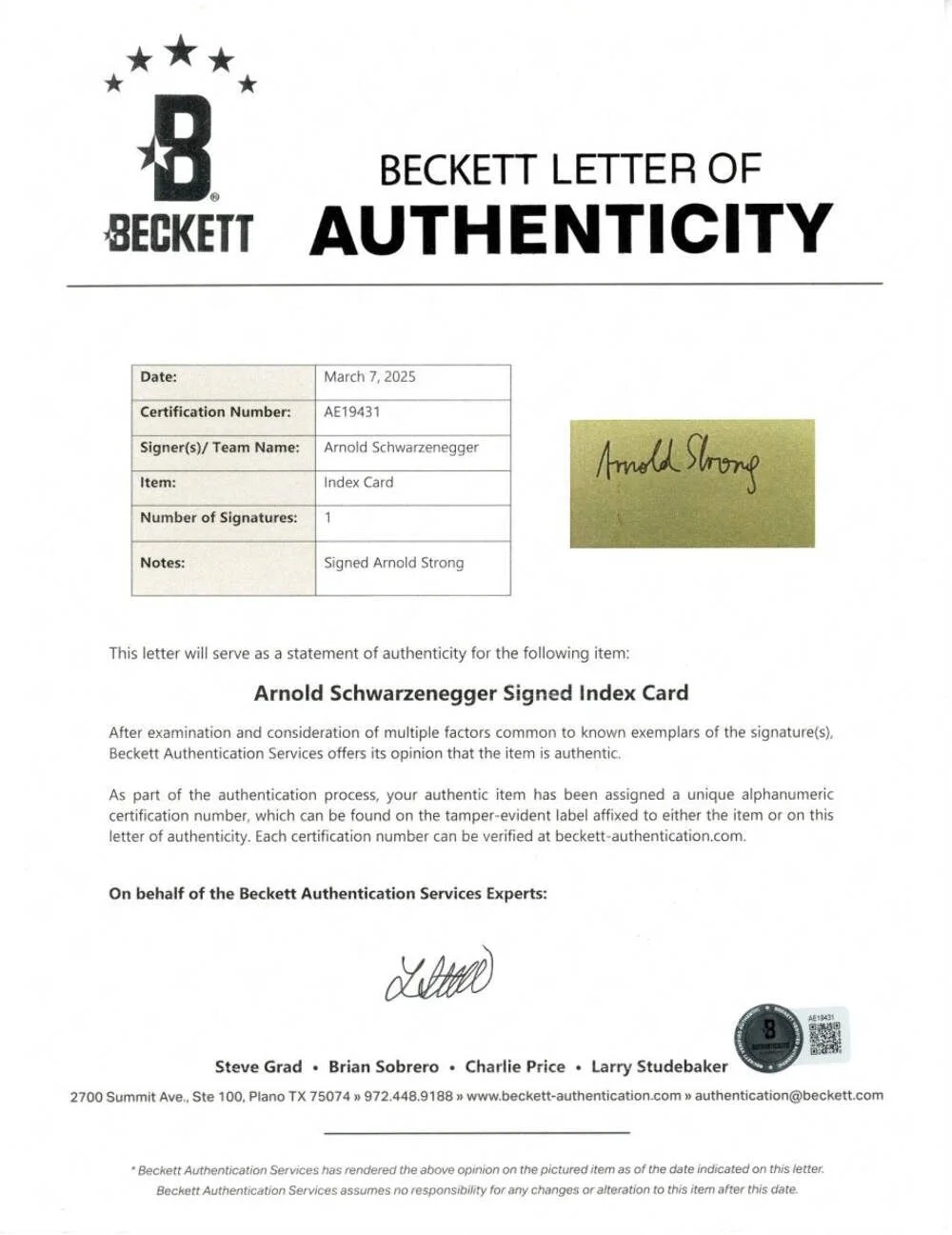 Rare Arnold Schwarzenegger (Strong) Signed Auto 3x5 Index Card BAS, image 2
