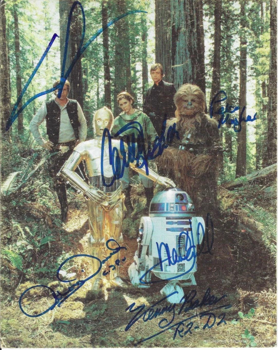 George Lucas, Carrie Fisher, Mark Hamill — Star Wars - Lucas, Fisher, Mayhew, Daniels, Hamill & Baker 8x10 - AUTHENTICATED