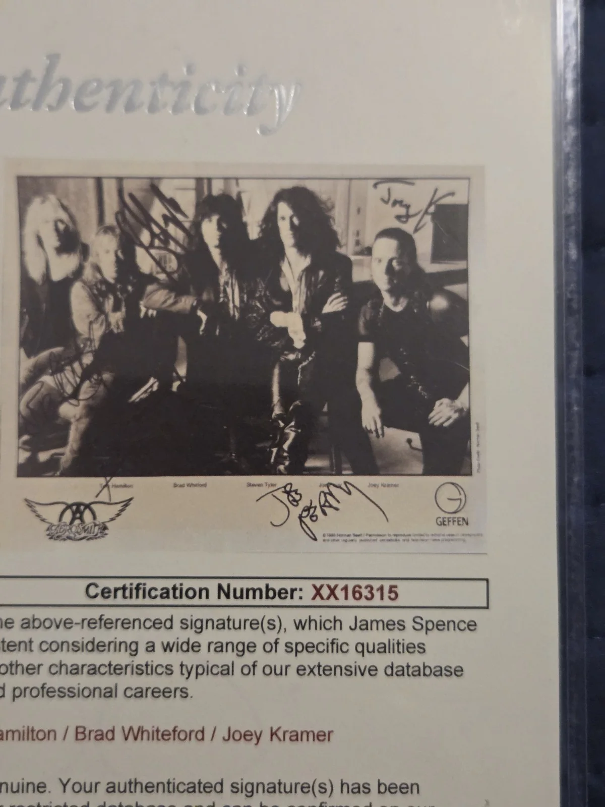 Aerosmith Signed 8x10 Geffen Photo JSA Certified All 5 Members!, image 5