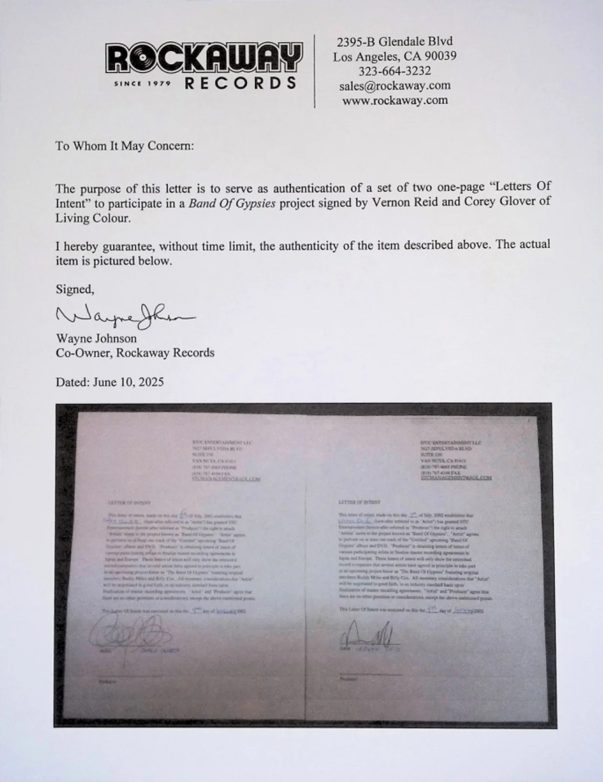LIVING COLOUR 2 Band of Gypsies contracts AUTOGRAPHED coa, image 2