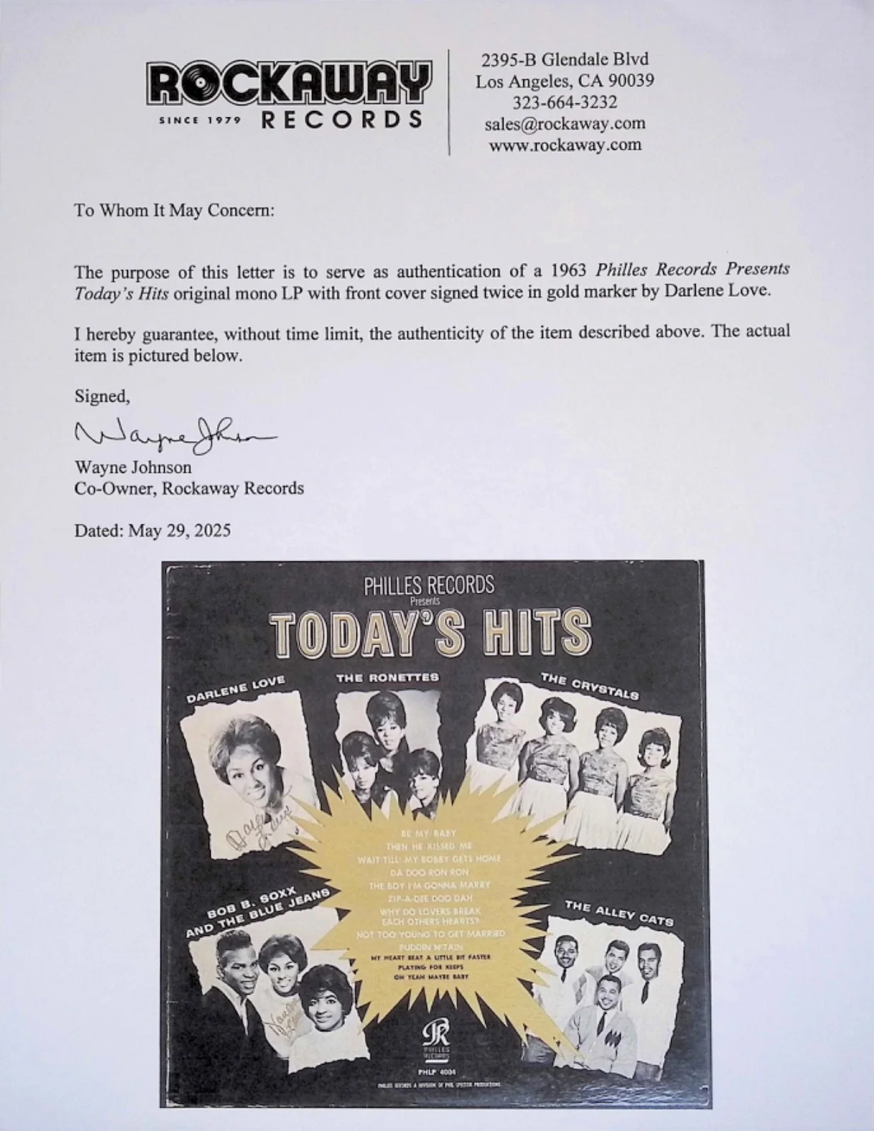 DARLENE LOVE Today's Hits Spector Lp AUTOGRAPHED COA, image 2