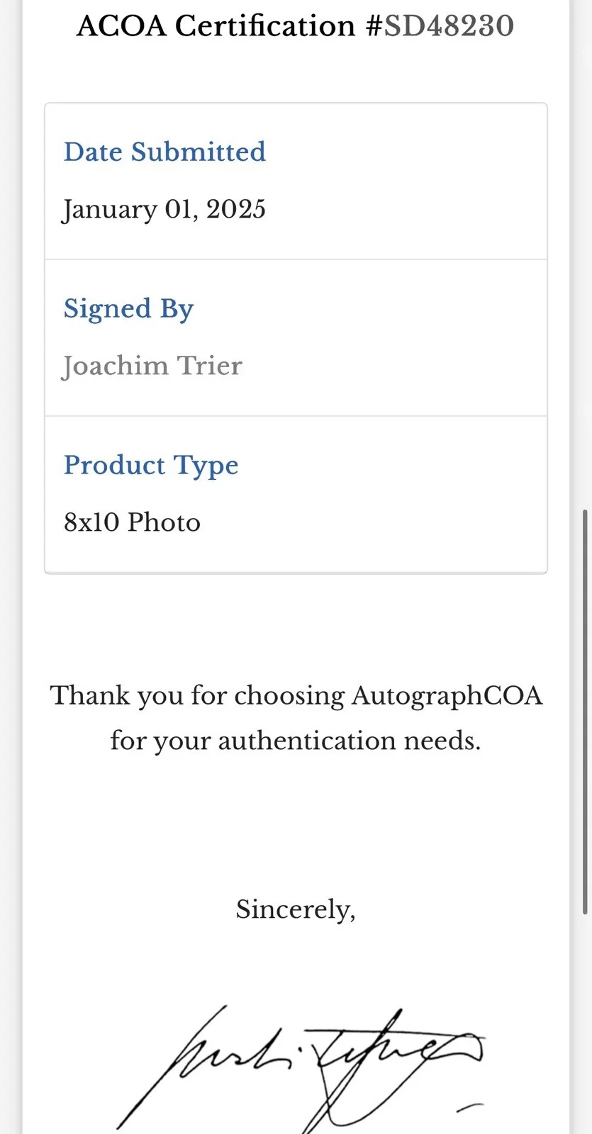 Joachim Trier Signed Photo 8x10 ACOA Autographed Sentimental Value, изображение 3