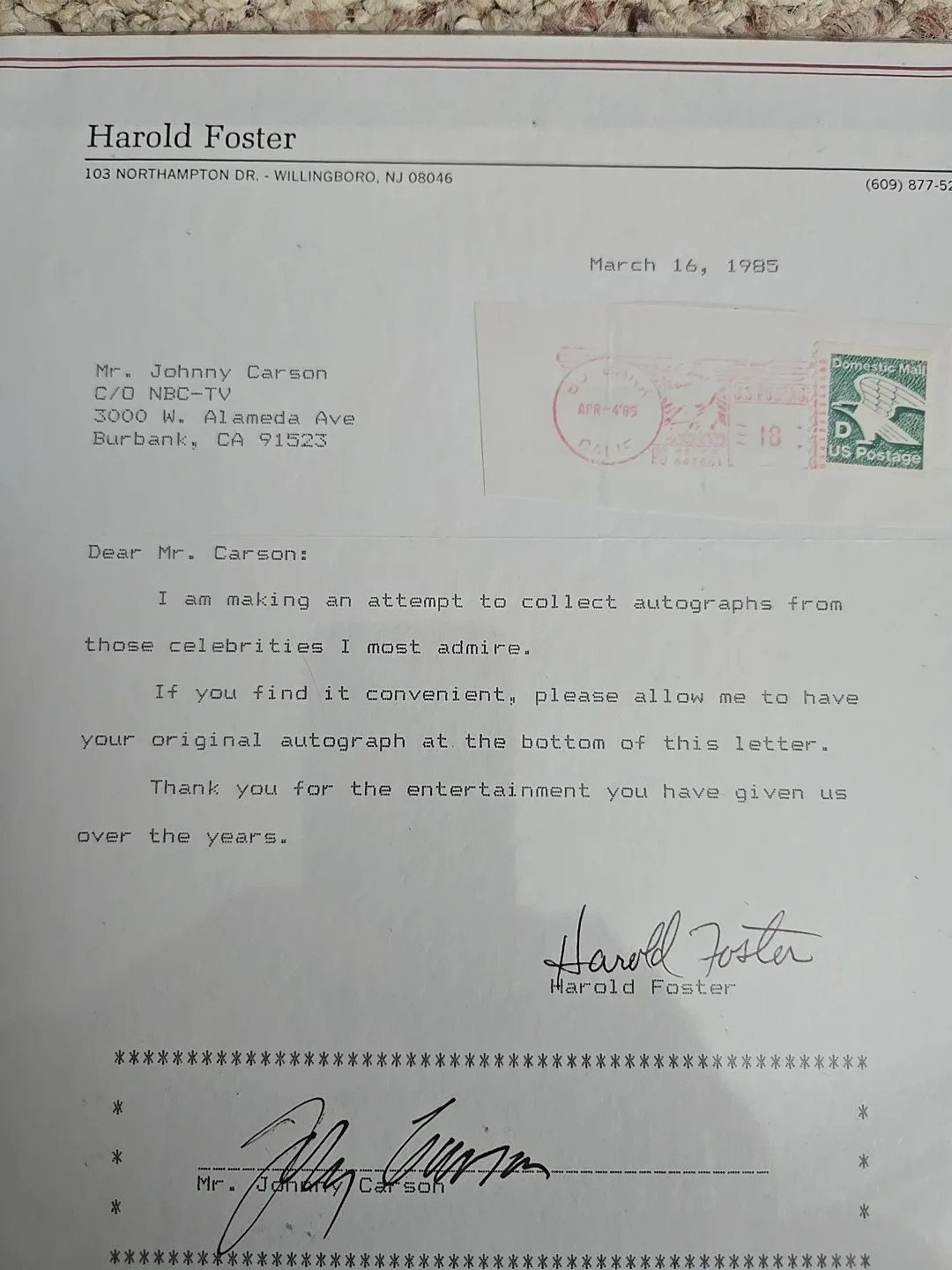 Johnny Carson ' The Tonight Show ' Signed Autograph Request Letter. C.O.A., image 2