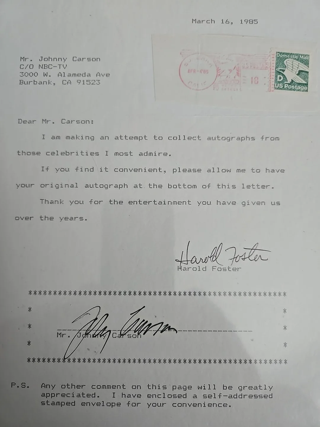 Johnny Carson ' The Tonight Show ' Signed Autograph Request Letter. C.O.A., image 3