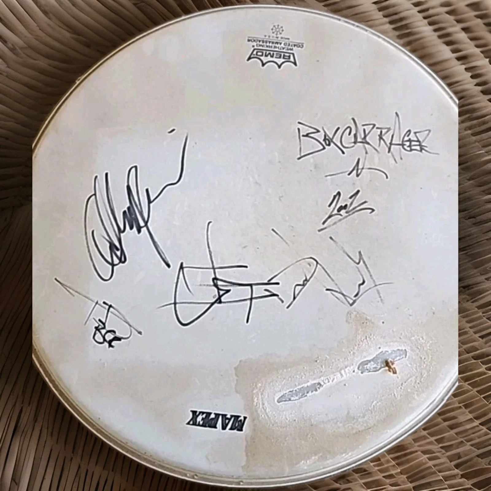 Tom DeLonge/Travis Barker +2 Blink 182 Signed BCR Drum Head 2002 RARE ACOA Pre, image 3