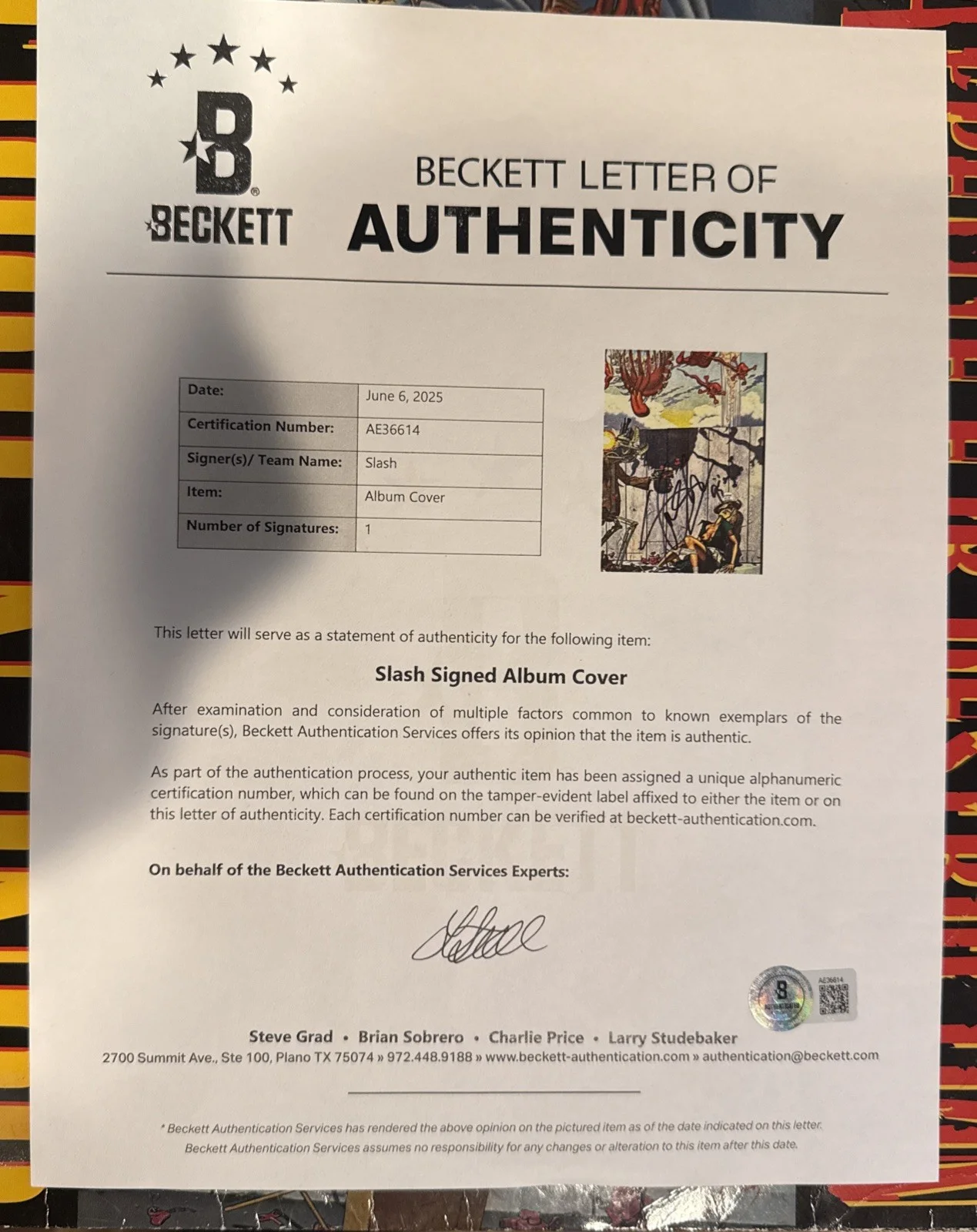 SLASH signed GNR Appetite for Destruction Original VINYL - BAS Beckett Letter, изображение 5