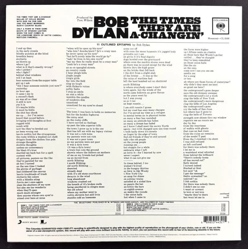 Bob Dylan — Bob Dylan Signed Autograph Album Record Times They Are A Changin - Rosen JSA COA, изображение 2