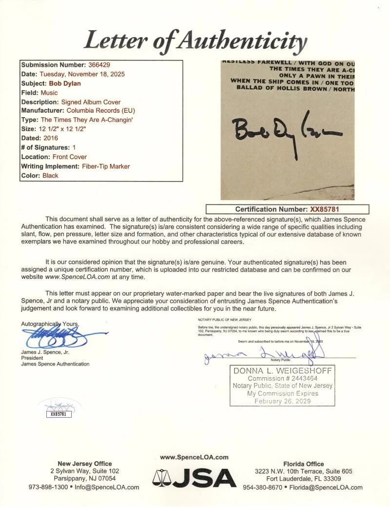 Bob Dylan — Bob Dylan Signed Autograph Album Record Times They Are A Changin - Rosen JSA COA, изображение 4