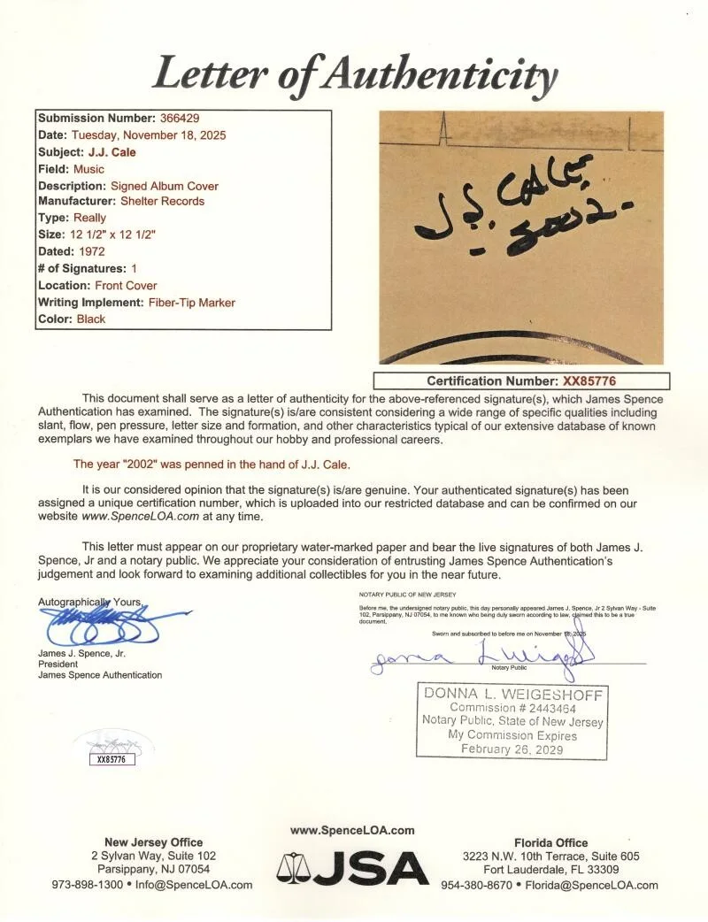 JJ Cale — JJ Cale Signed Autograph Album Vinyl Record LP - Really w/ JSA COA, image 3