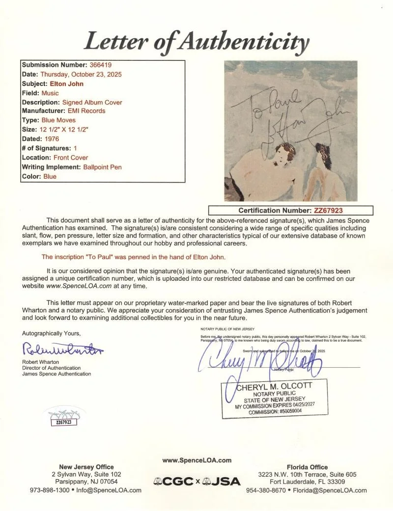 Elton John — Elton John Signed Autograph Blue Moves Album Record - Vintage Signature JSA COA, изображение 4